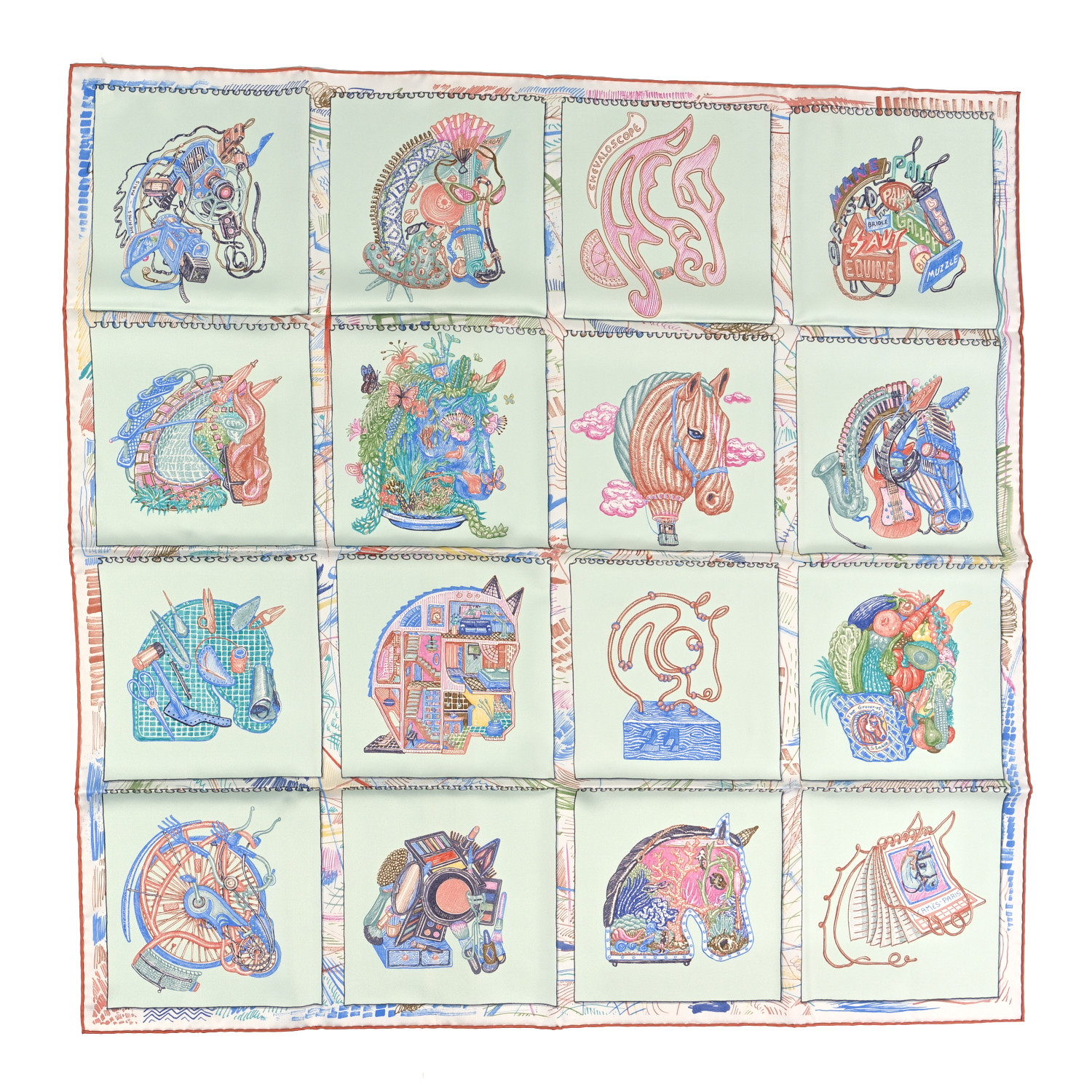 エルメス カレ90 Chevaloscope vert d’eau/corail/bleu HERMES Silk Chevaloscope Scarf 90 Vert D'eau Corail Bleu