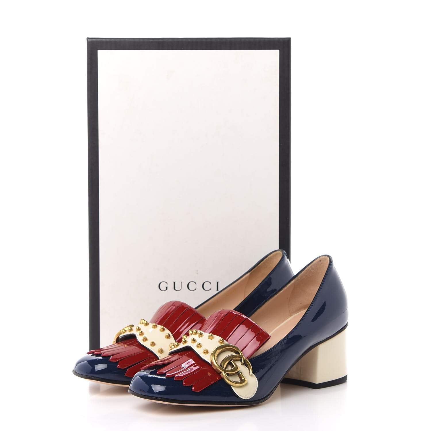 GUCCI Vernice Studded GG Marmont Fringe 50mm Loafer Pumps 37