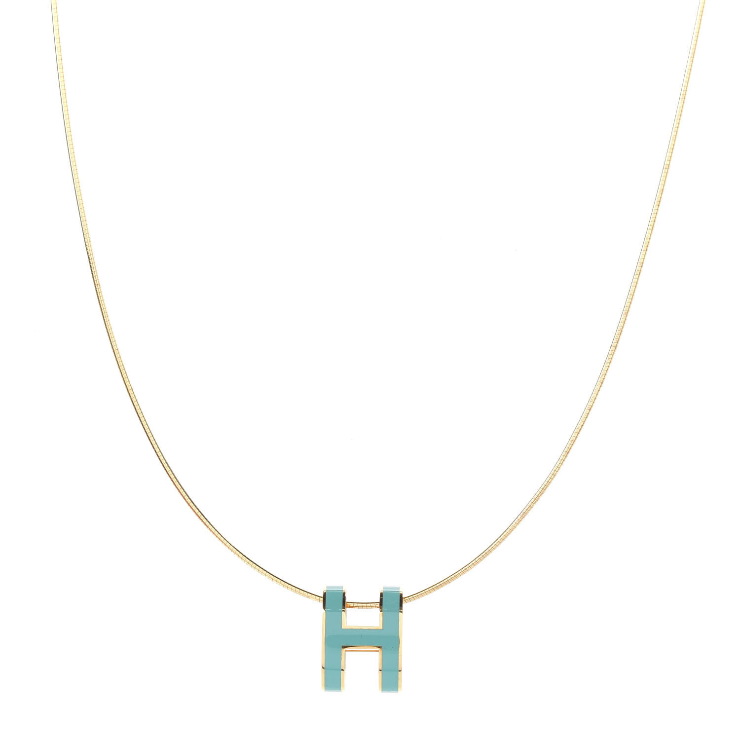 HERMES Lacquered Gold Pop H Pendant Necklace Turquoise
