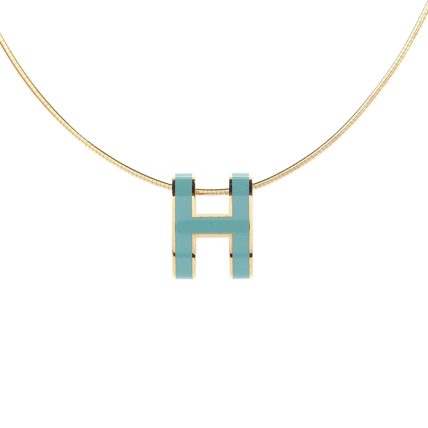 HERMES Lacquered Gold Pop H Pendant Necklace Turquoise