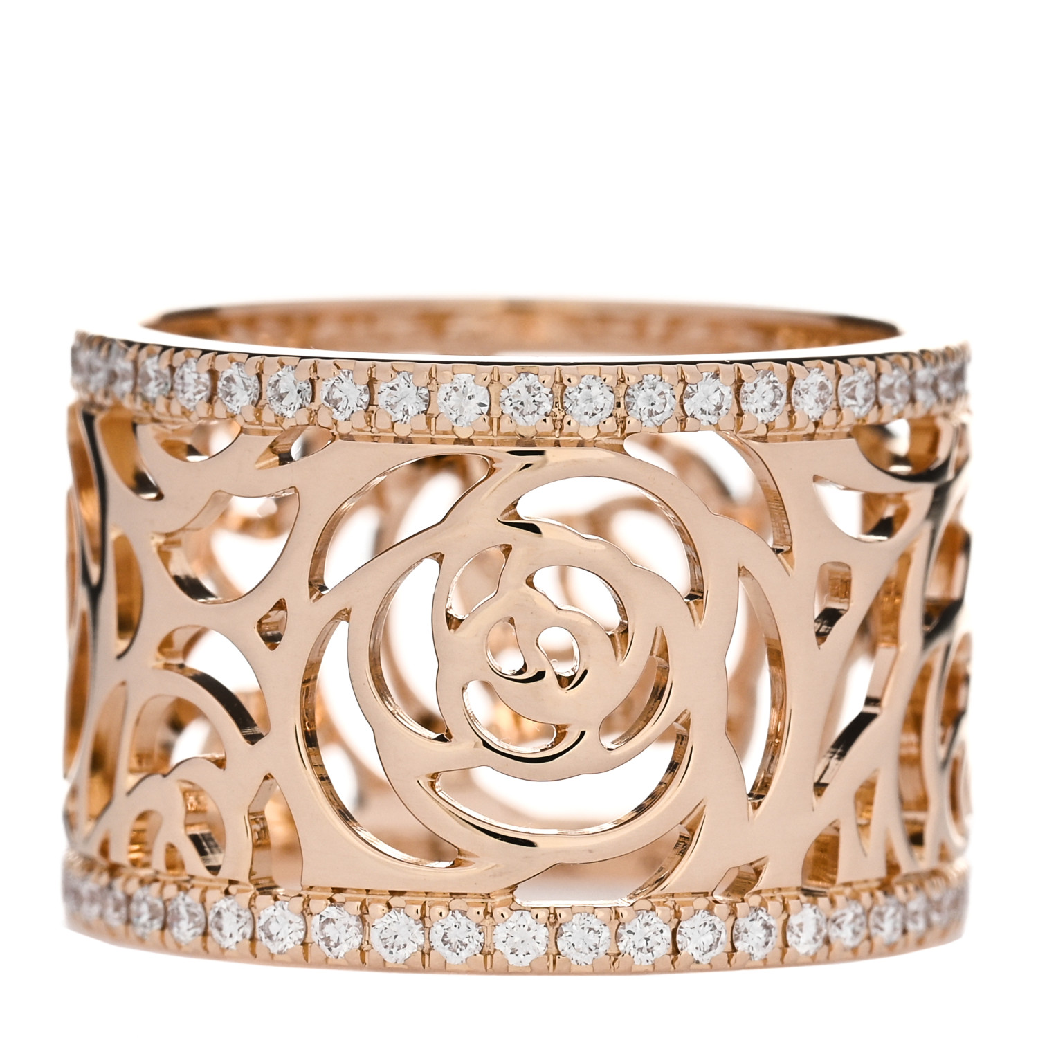 CHANEL 18K Yellow Gold Diamond Camellia Ajoure Band Ring 49