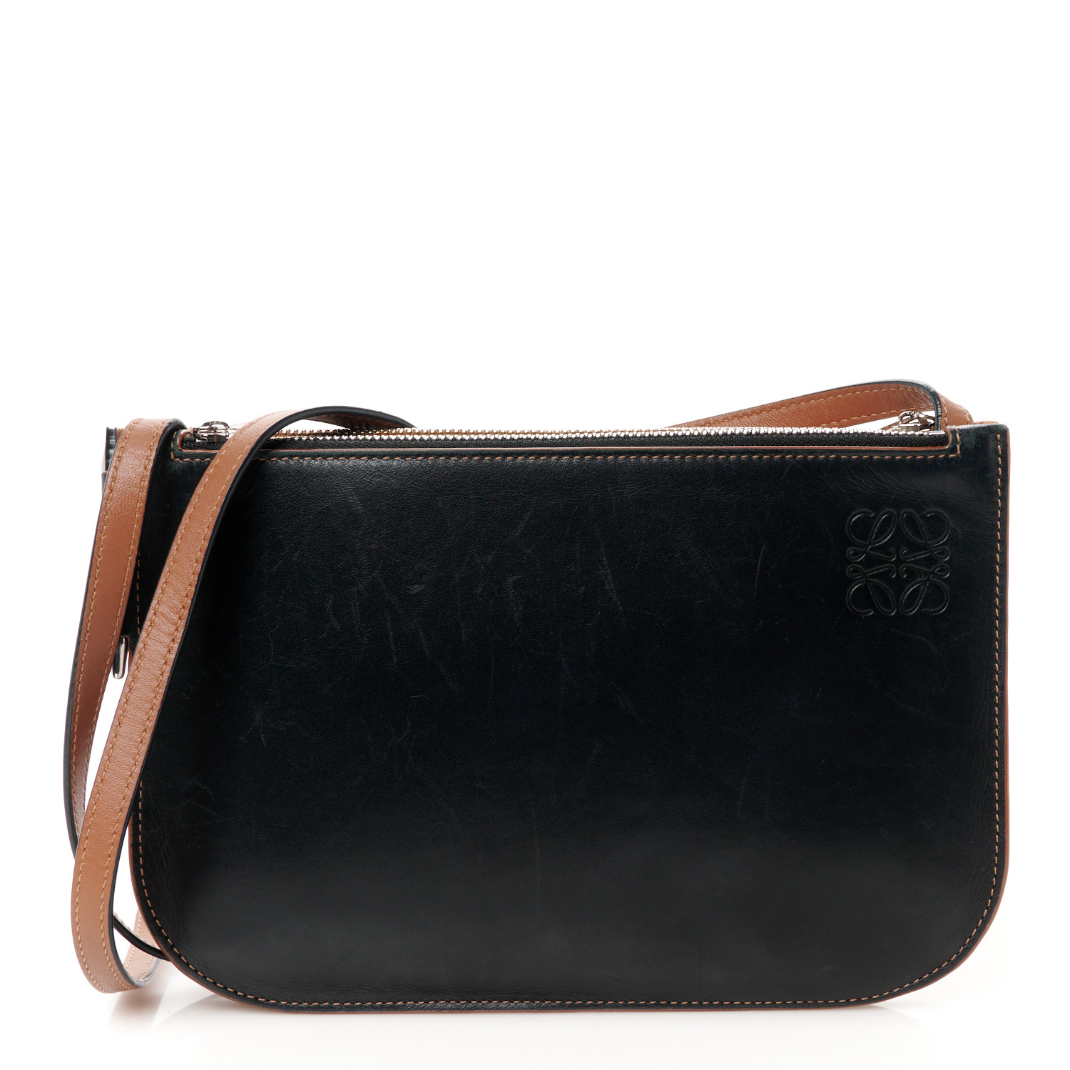 LOEWE ロエベ gate double zip pouch LOEWE Calfskin Gate Double Zip Pouch Crossbody Black Tan