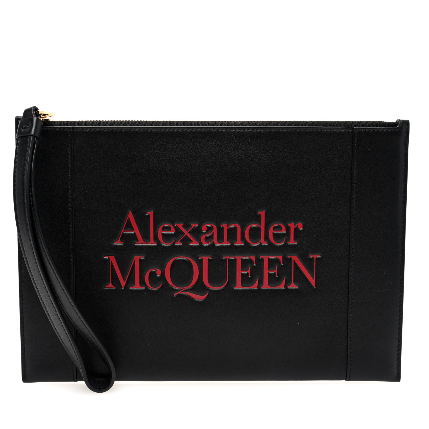 ALEXANDER MCQUEEN Calfskin Logo Zip Wristlet Pouch Black