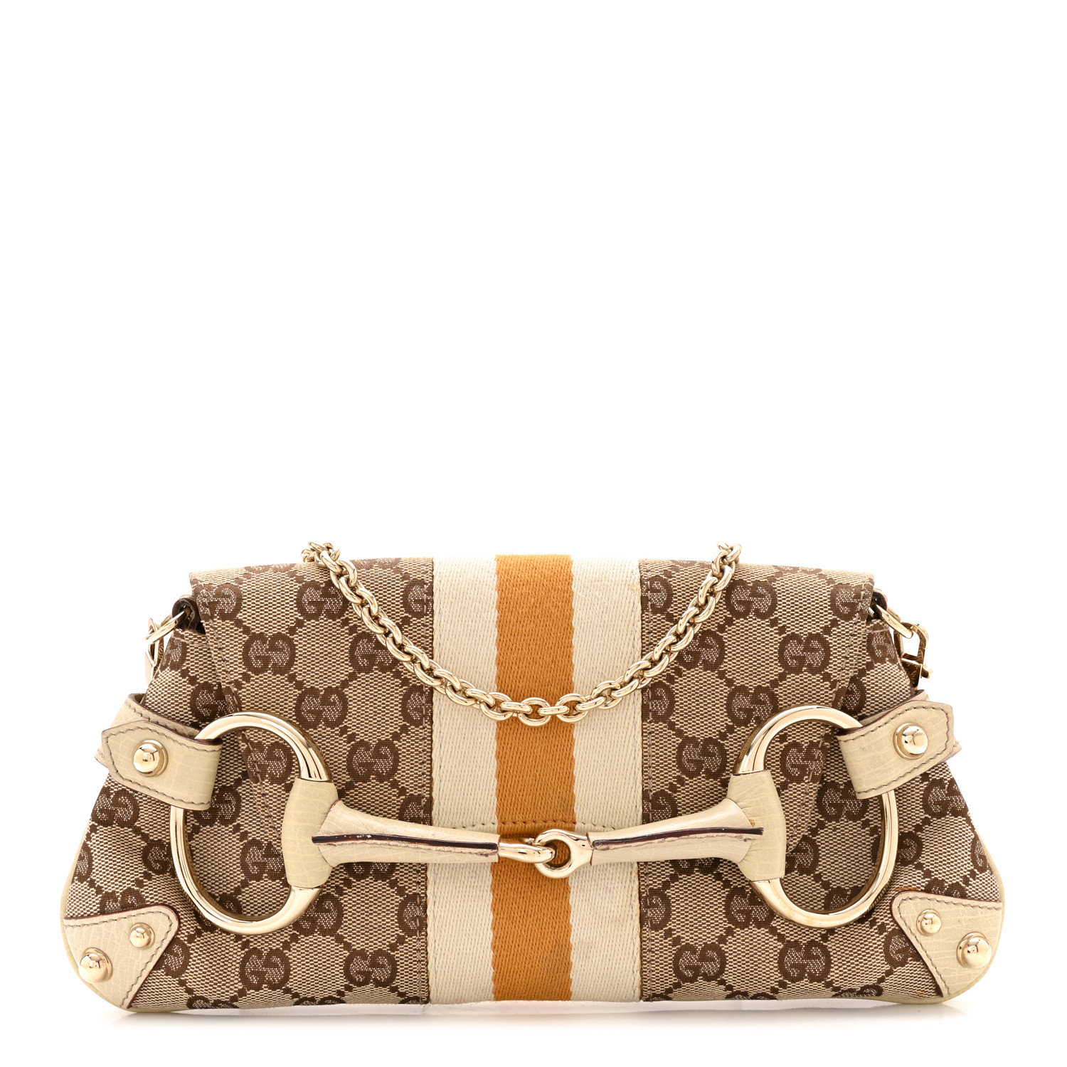 GUCCI Monogram Web Small Horsebit Chain Clutch Off White