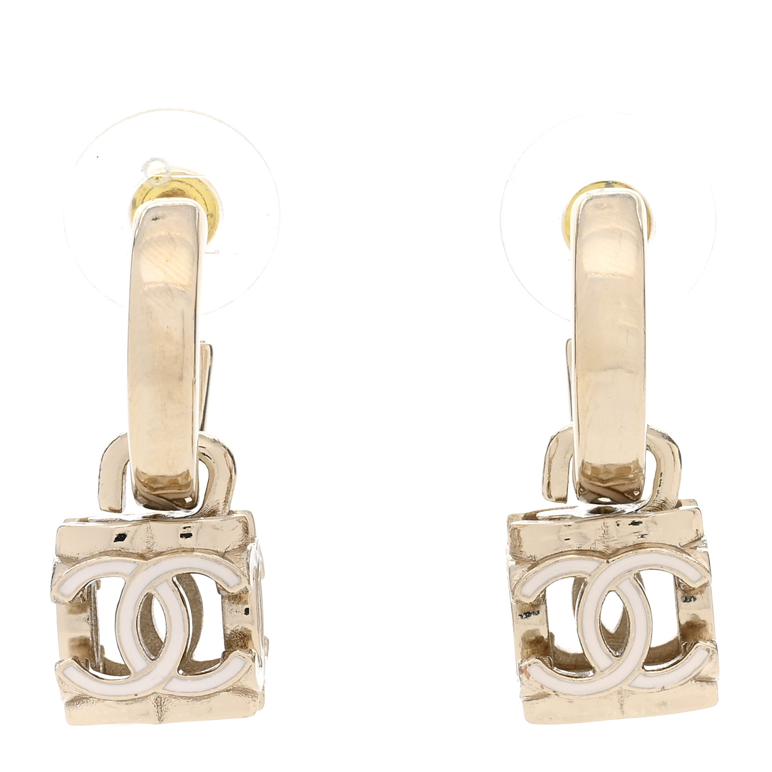 CHANEL Enamel CC Cube Drop Earrings Gold White 1231319