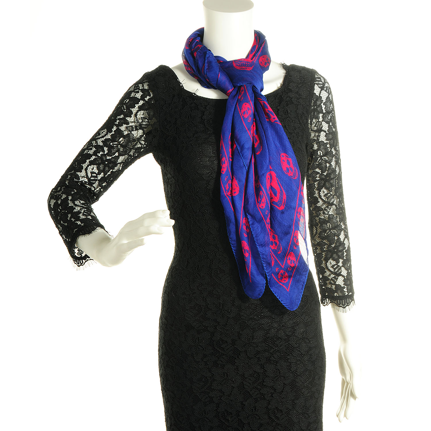 ALEXANDER MCQUEEN Silk Chiffon Skull Scarf Blue Hot Pink