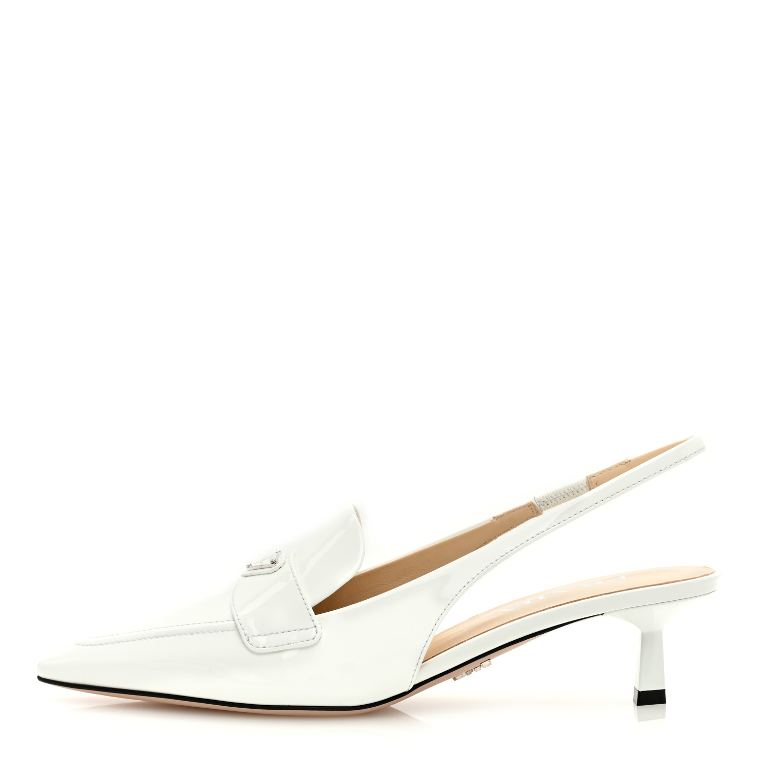 PRADA Patent Triangle Logo Pointed Toe 45mm Slingback Pumps