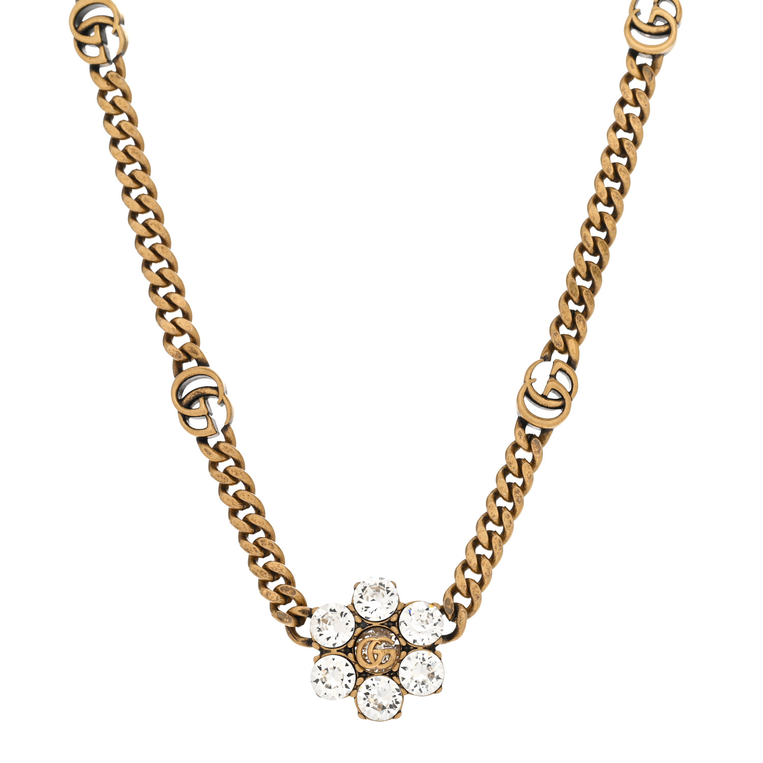 GUCCI Metal Crystal Double G Necklace Aged Gold 1301812