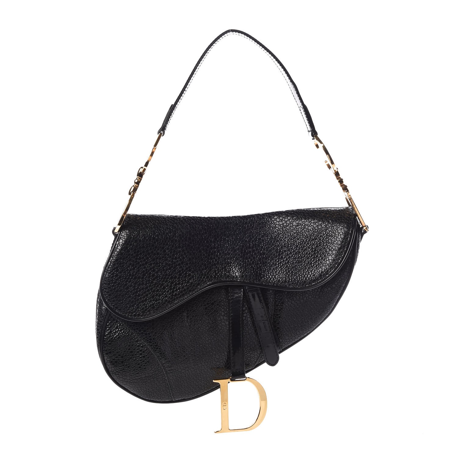 CHRISTIAN DIOR Calfskin Stingray Embossed Saddle Bag Black