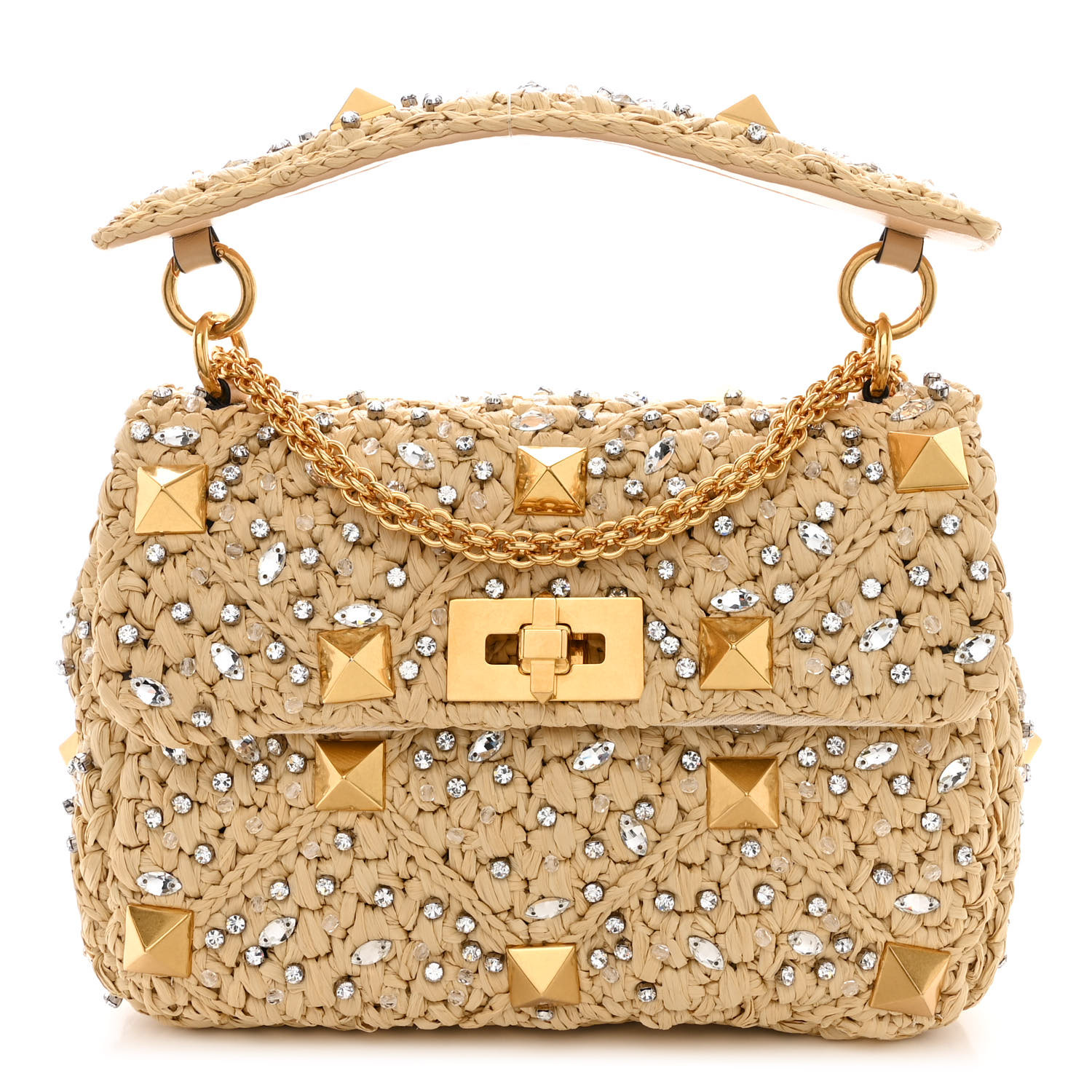VALENTINO GARAVANI Raffia Crystal Medium Roman Stud Shoulder
