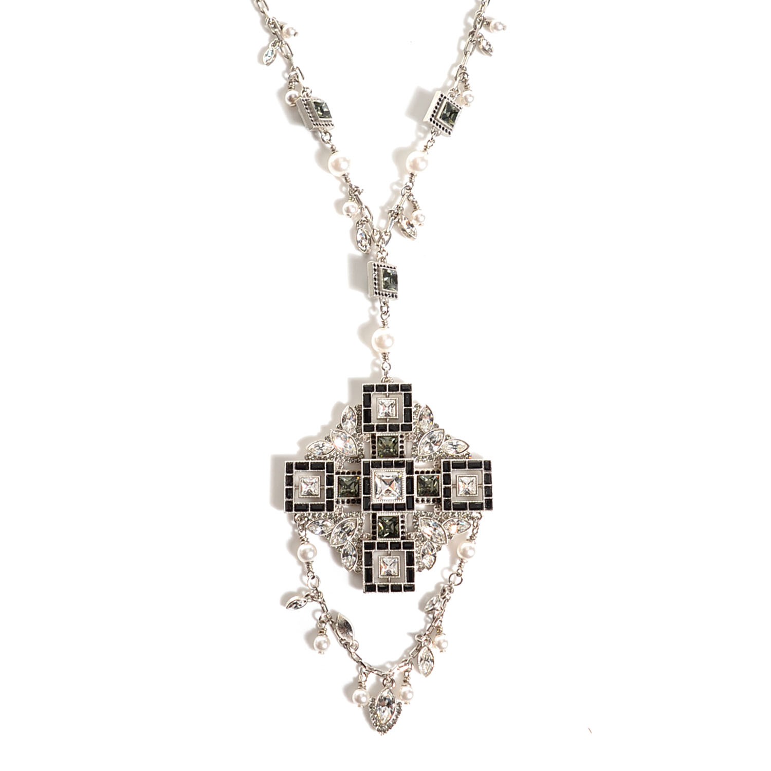 Chanel CC Crystal & Faux Pearl Maltese Cross Necklace - Blue, Silver-Tone  Metal Multistrand, Necklaces - CHA163522