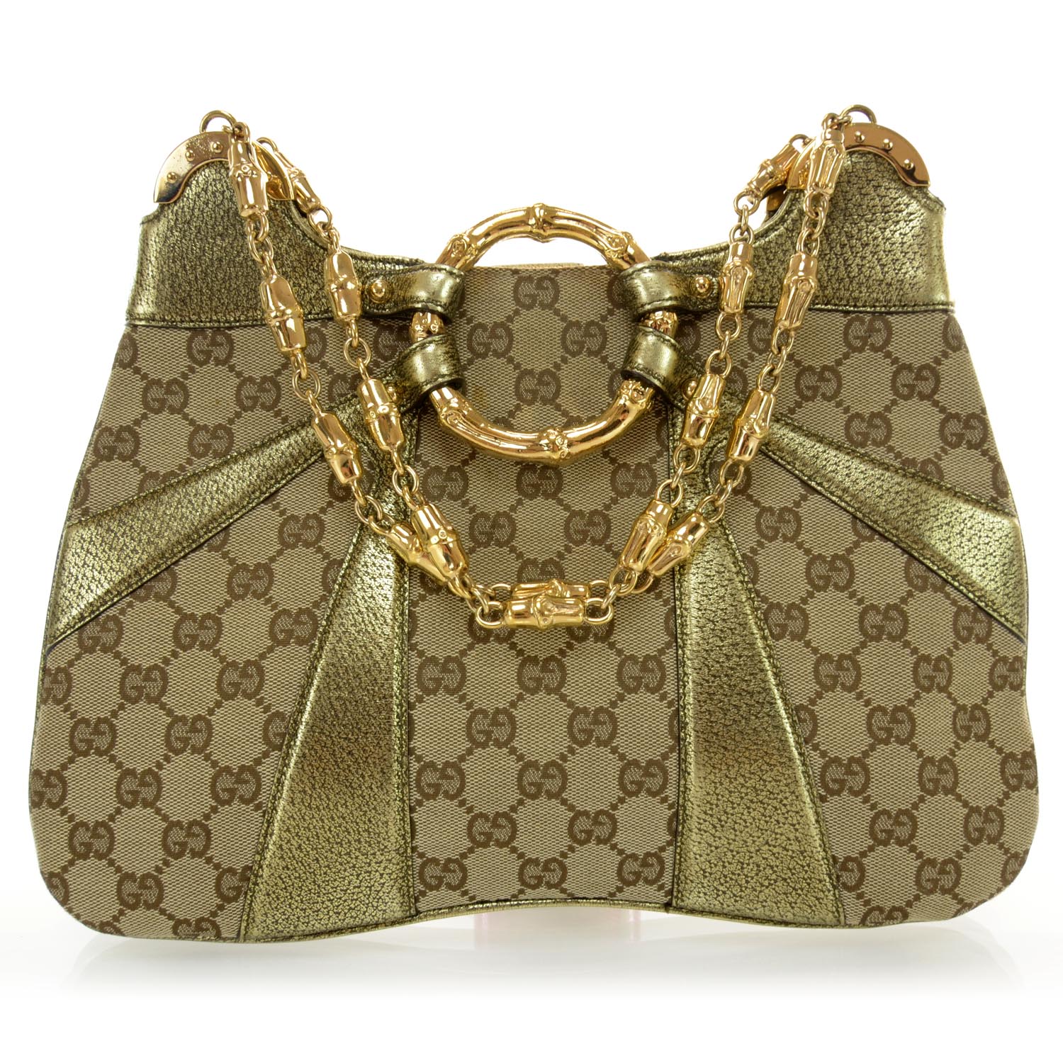 GUCCI Monogram Bamboo Chain Shoulder Bag Gold 36543