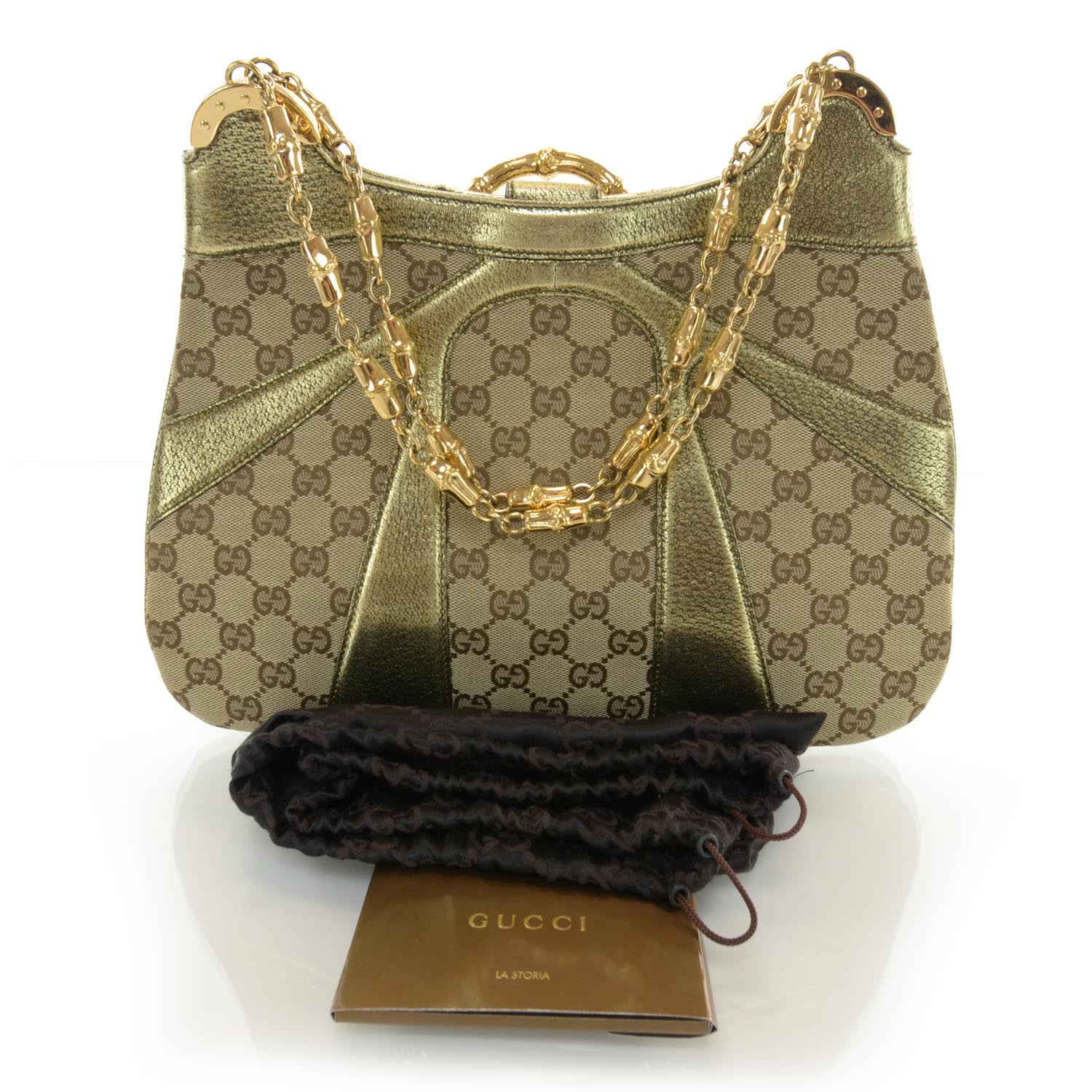 GUCCI Monogram Bamboo Chain Shoulder Bag Gold 36543