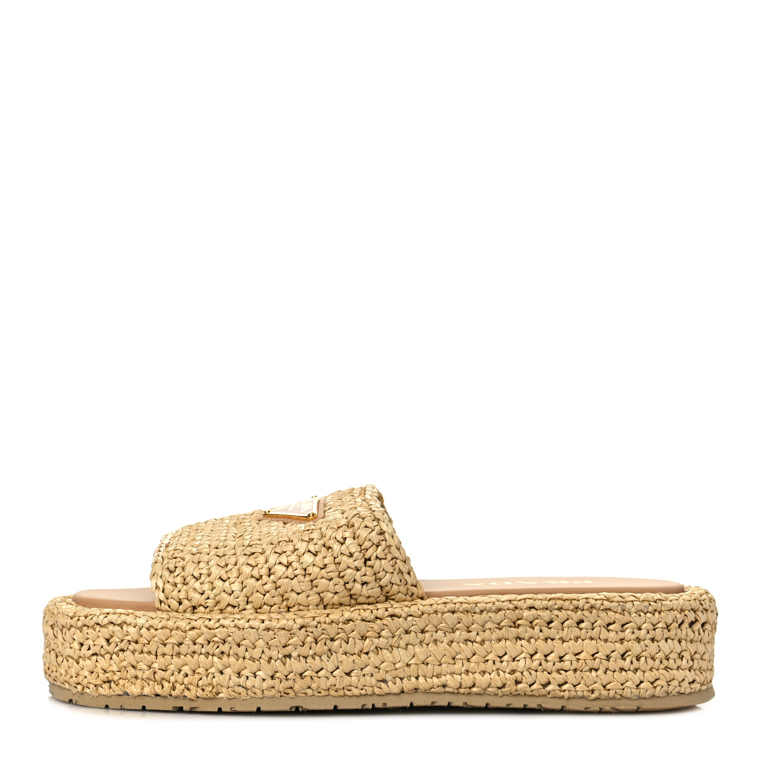 サンダル PRADA 2X3143 RAFFIA FLAT SANDAL WITH TRIANGLE LOGO PRADA Raffia Metal Triangle Logo Woven Flatform 35mm Slide