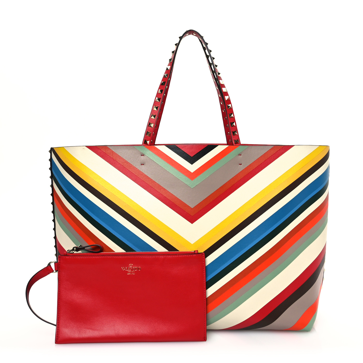 VALENTINO GARAVANI Calfskin Striped Large Rockstud Tote Red