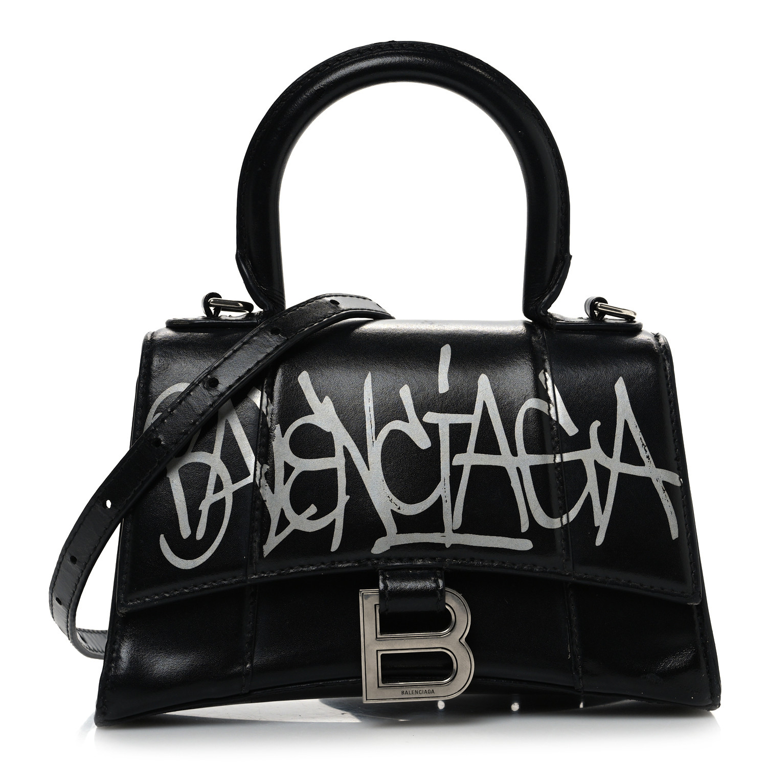 BALENCIAGA ハンドバッグ アイボリー/ブラック BALENCIAGA Box Calfskin Graffiti Logo Hourglass Top Handle
