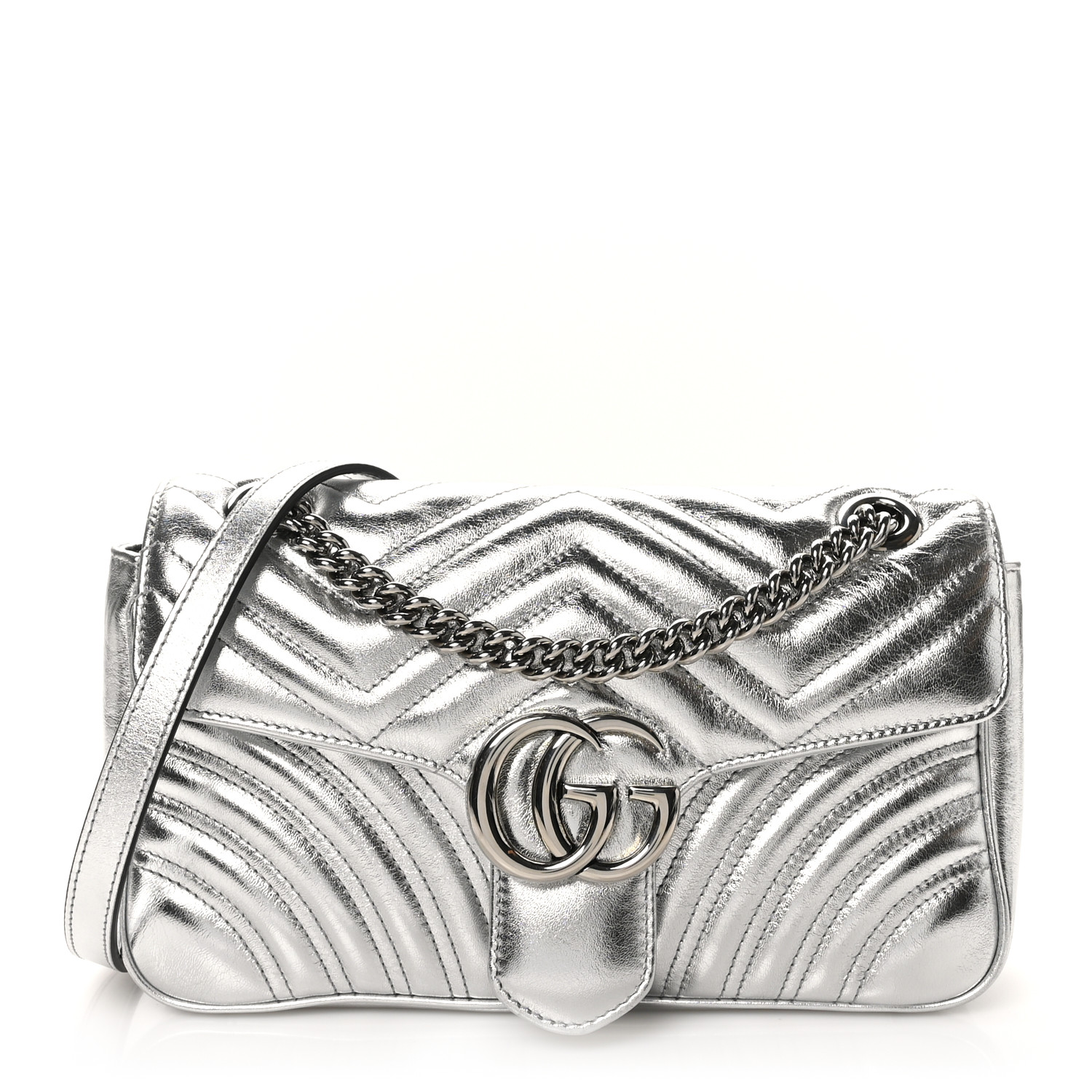 96 値下げ可能！！ LIC SILVER BAG 2928B GUCCI Metallic Calfskin Matelasse Small GG Marmont Shoulder
