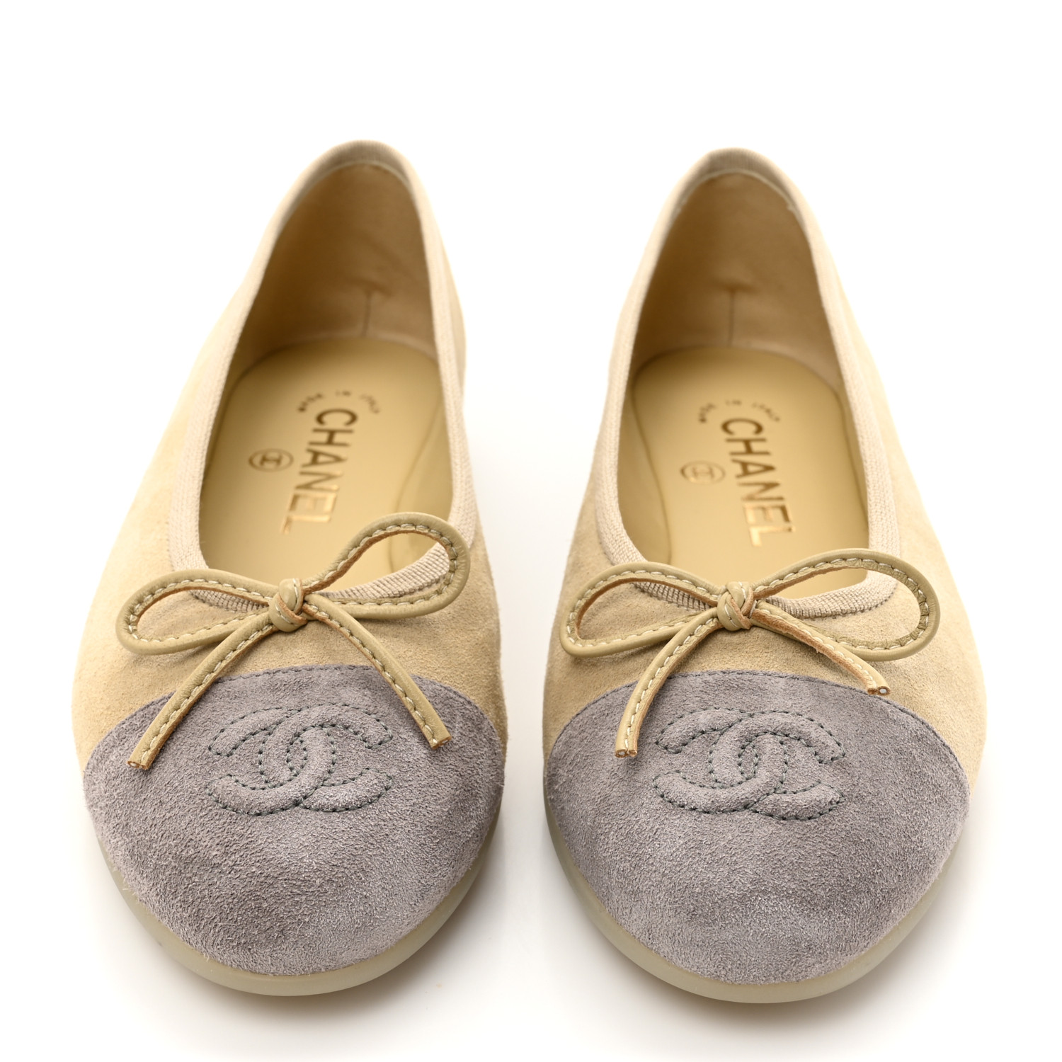 CHANEL Suede Cap Toe CC Ballerina Flats 36.5 Light Yellow