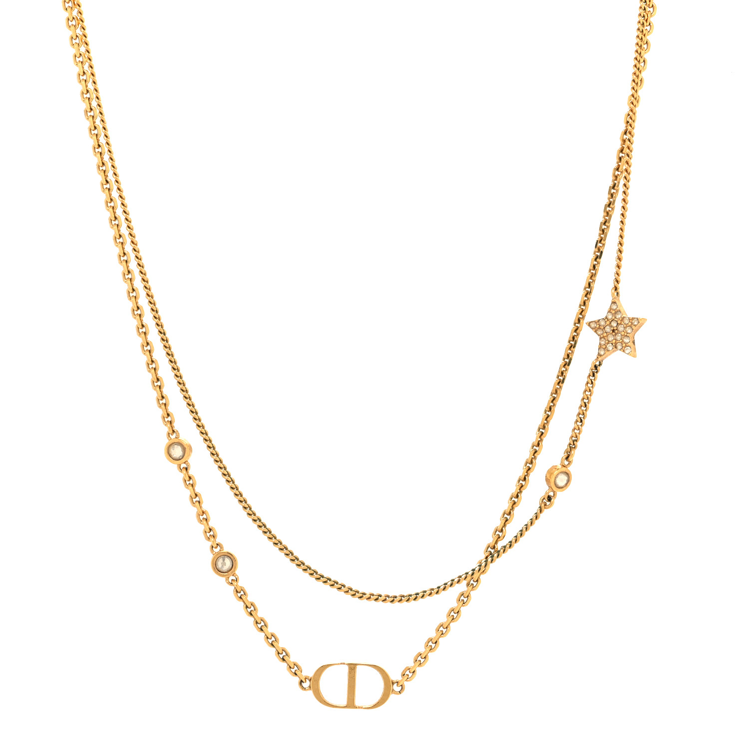CHRISTIAN DIOR Metal Crystal Petit CD Double Necklace Gold