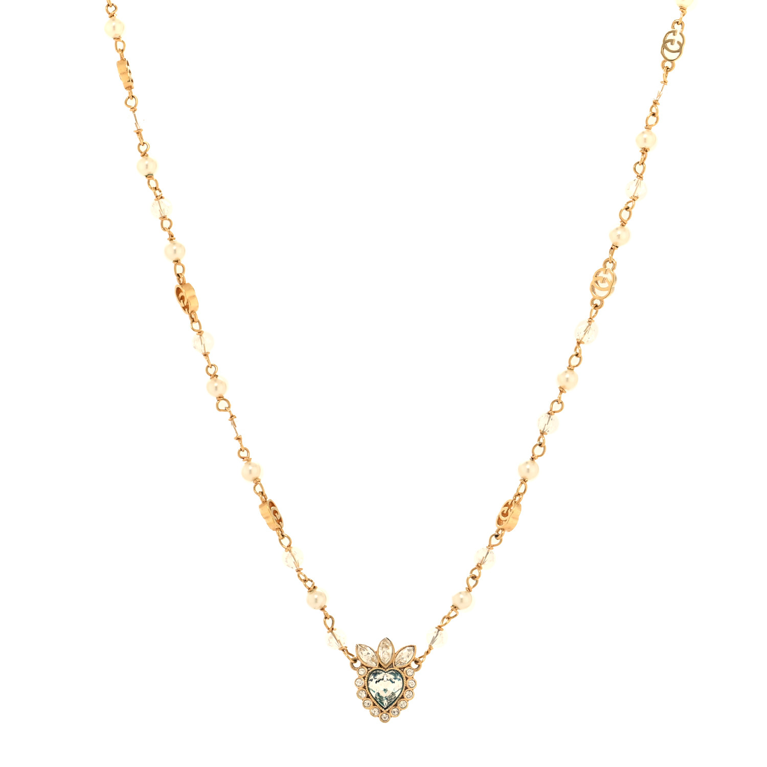 GUCCI Metal Crystal Pearl Heart Necklace Gold 1651418