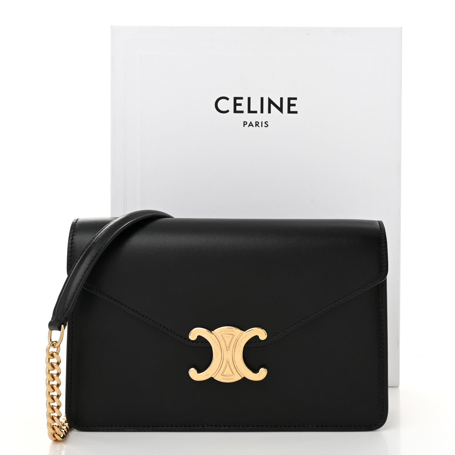 CELINE Shiny Calfskin Triomphe Margo Wallet on Chain Black