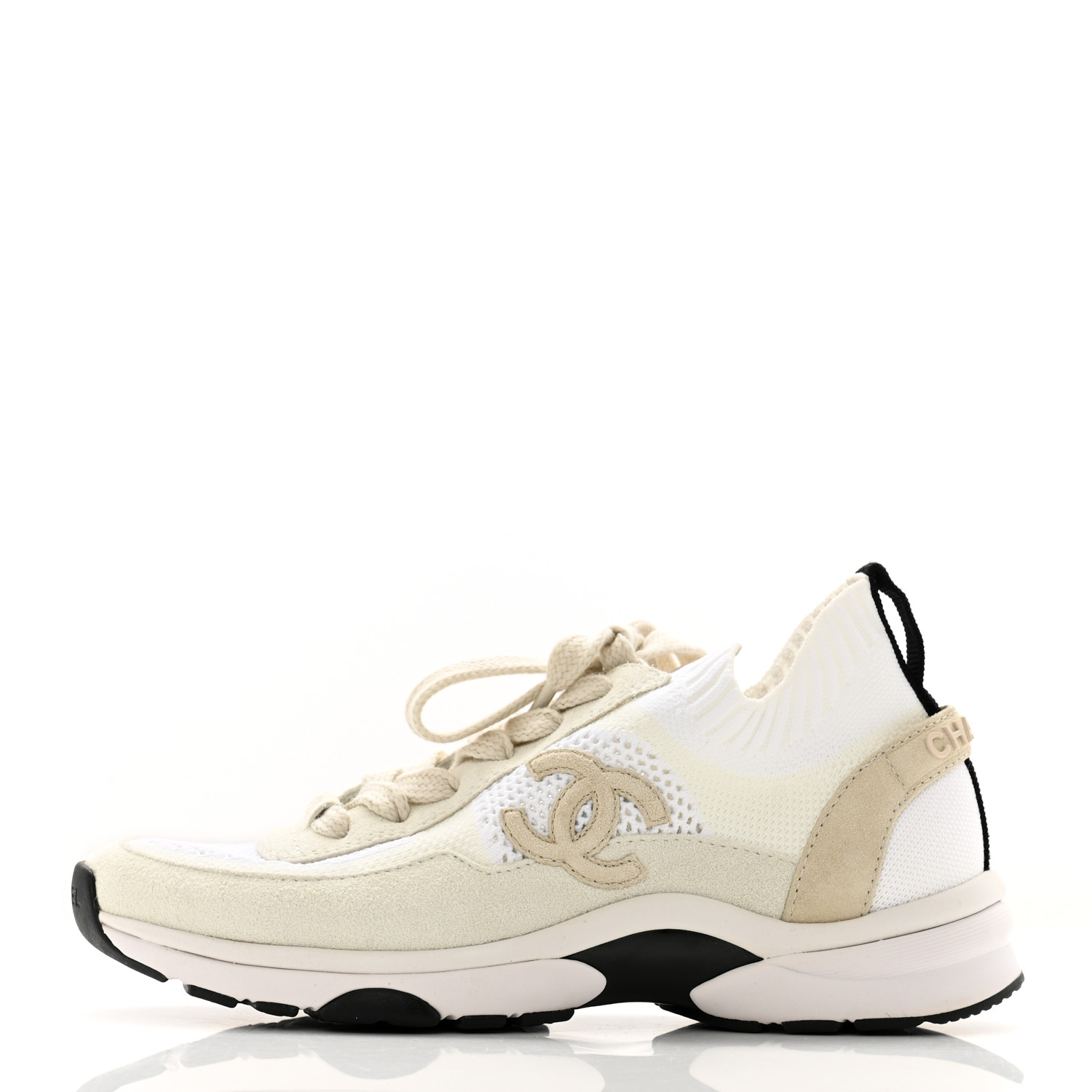 CHANEL Mesh Suede Fabric Womens CC Sneakers 36 White Ivory
