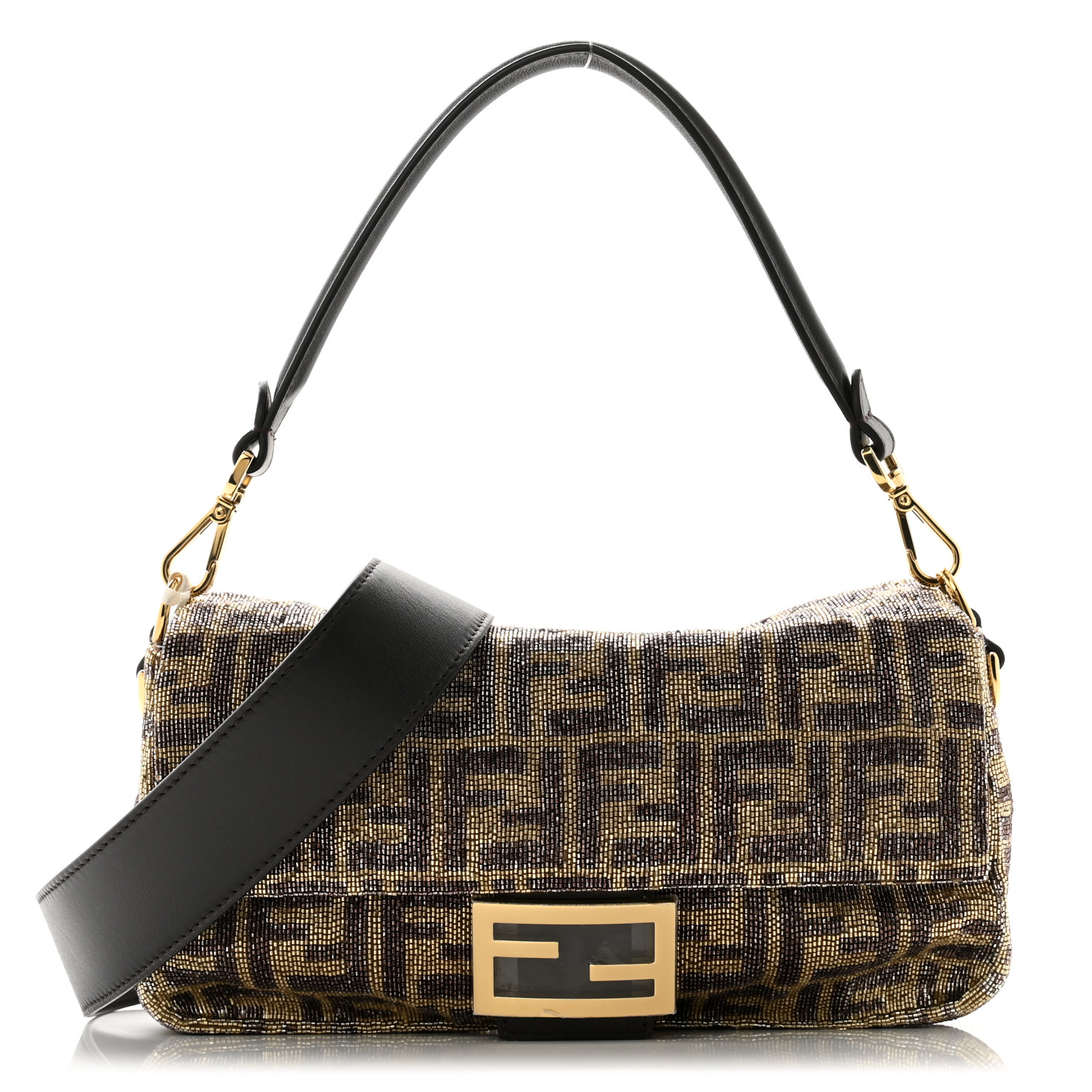 FENDI Vitello King Beaded Zucca Baguette Mogano Panna Ebano