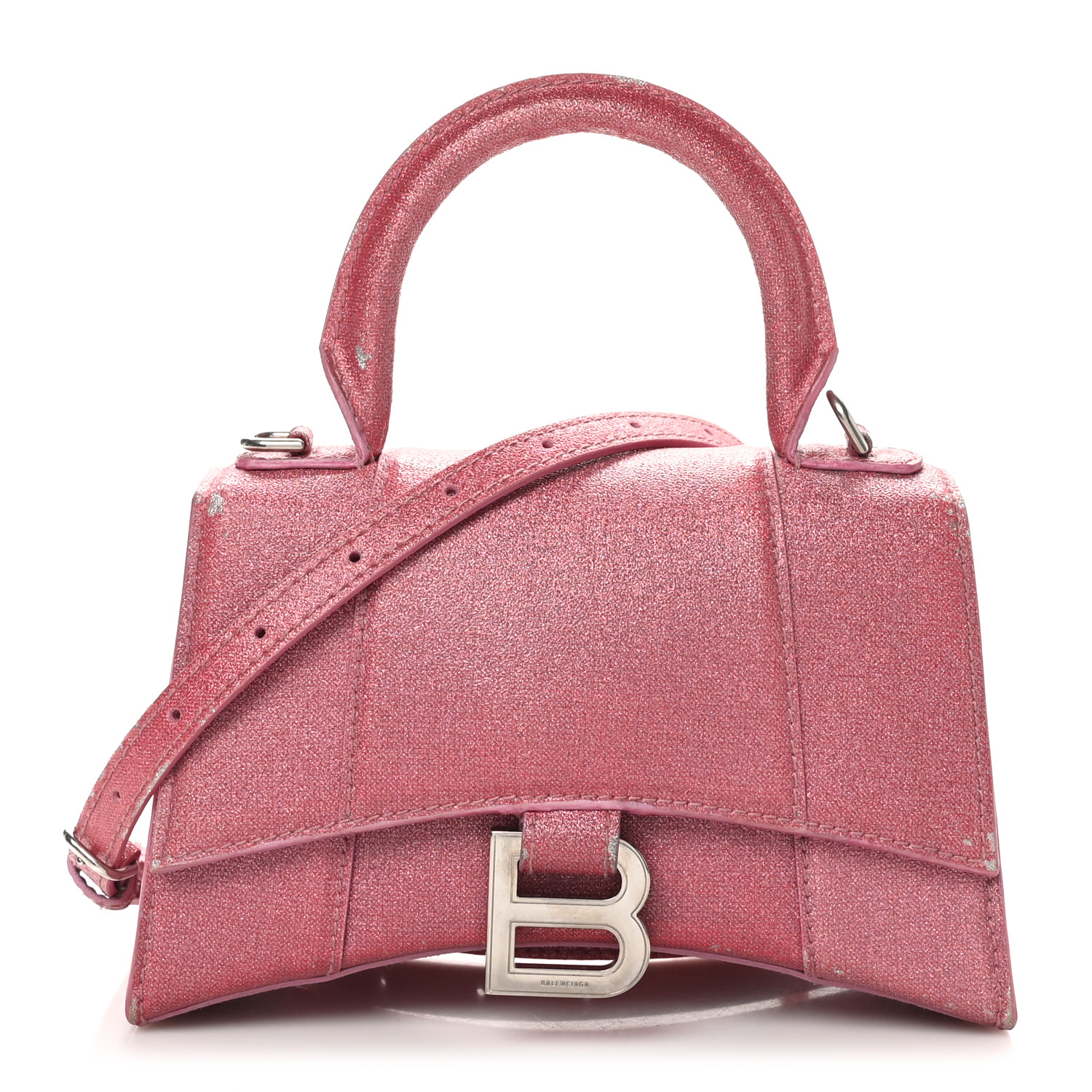 [BALENCIAGA]バレンシアガ HOURGLASS TOP HANDLE BAG SWEET PINK Balenciaga Sweet Pink Metallic Coated Canvas Hourglass XS