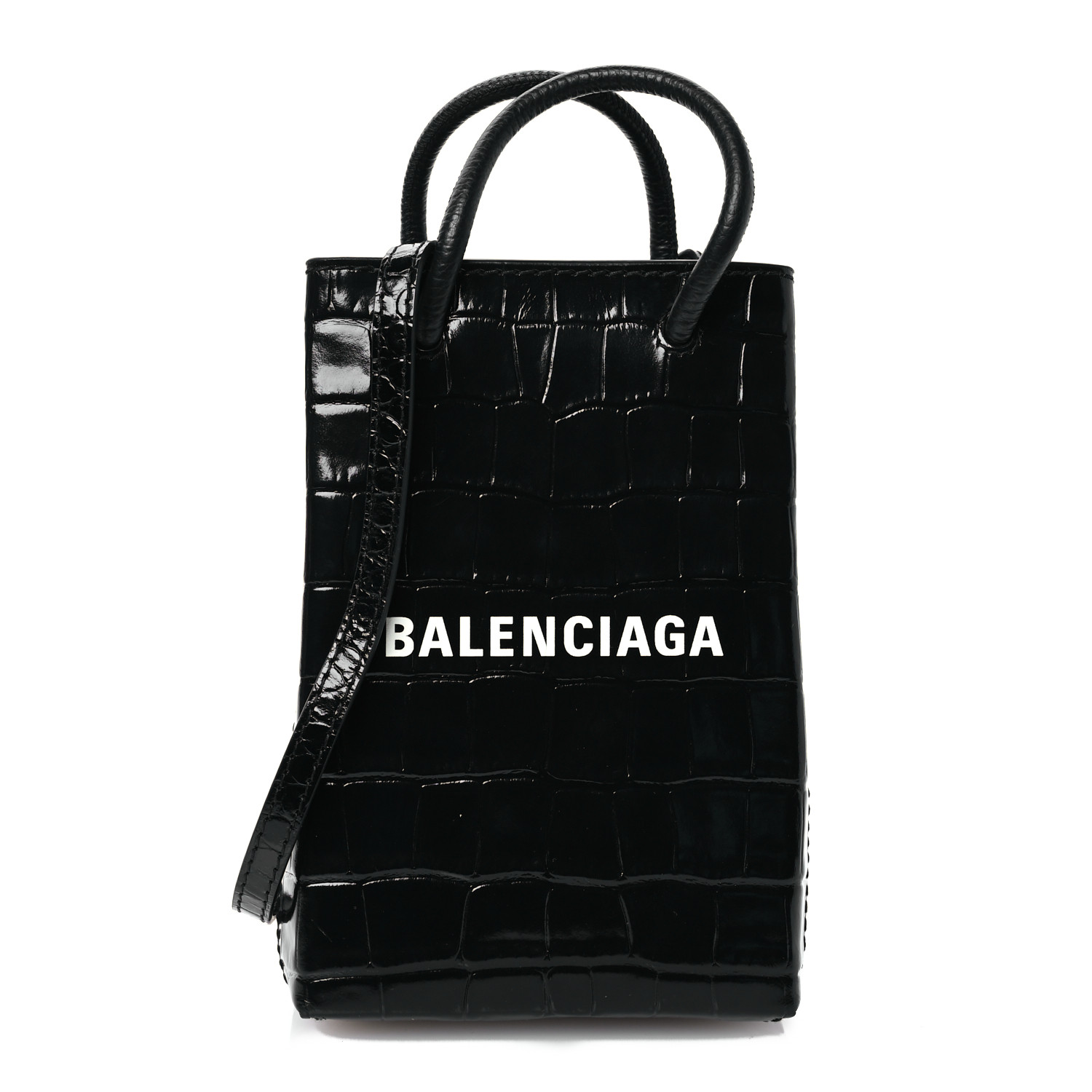 BALENCIAGA Shopping Phone Holder Bag 黒 BALENCIAGA Leather Phone Holder Shopping Crossbody Bag Black