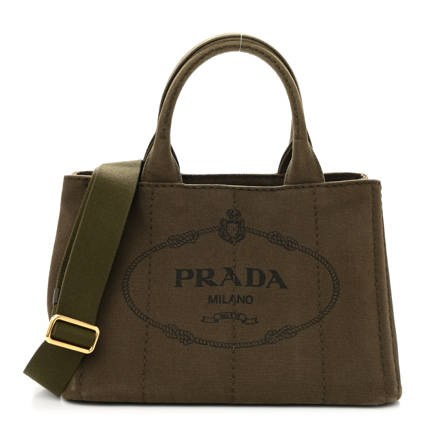 PRADA Military Olive Green Nylon Brown Leather Canapa Logo Large Tote Bag