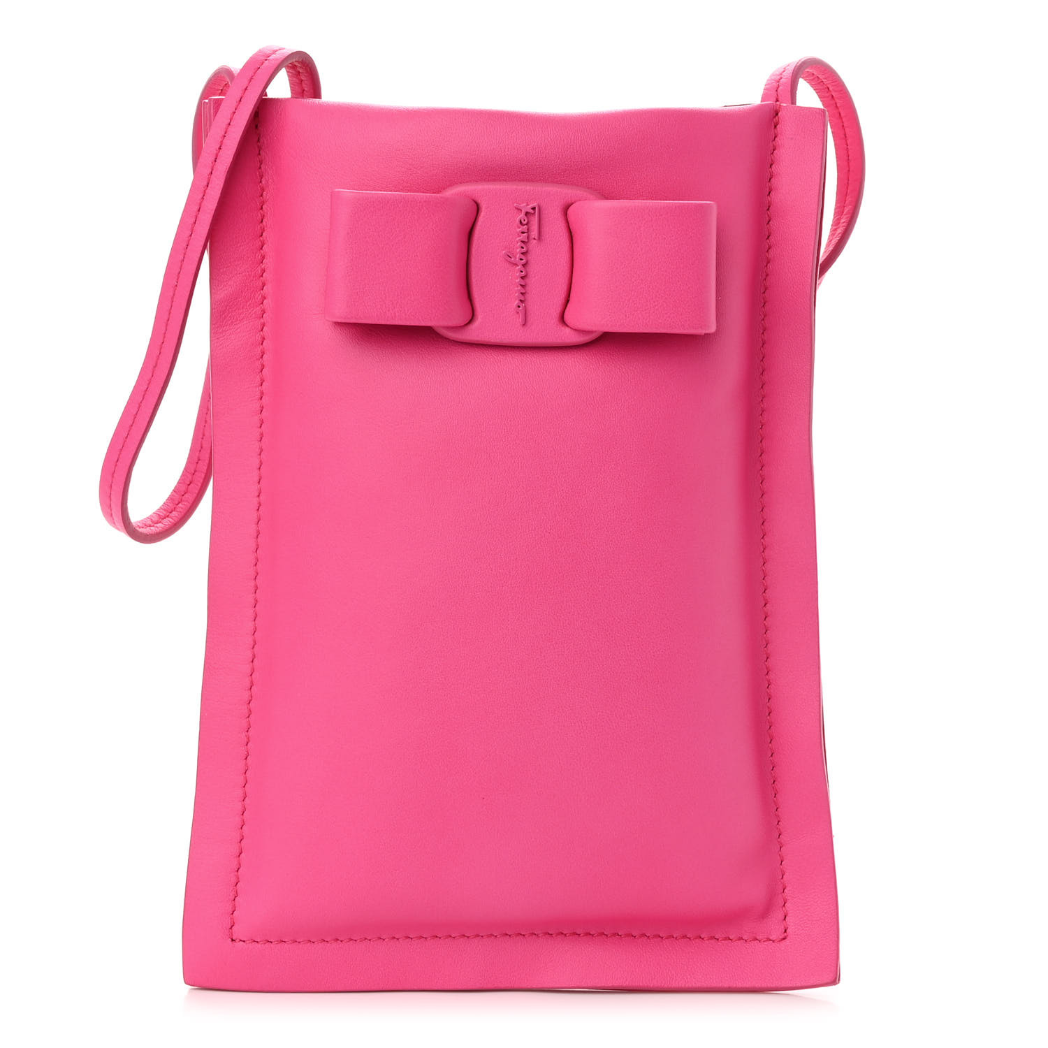 SALVATORE FERRAGAMO Calfskin Viva Bow Phone Pouch Hot Pink