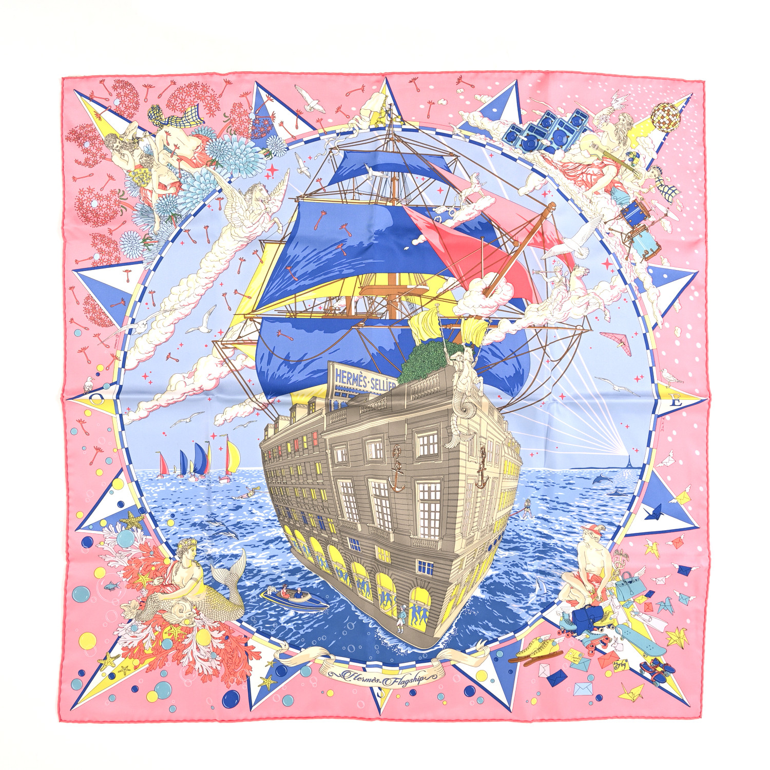 HERMES Silk Flagship Scarf 90 Rose Bonbon Bleu Multicolor