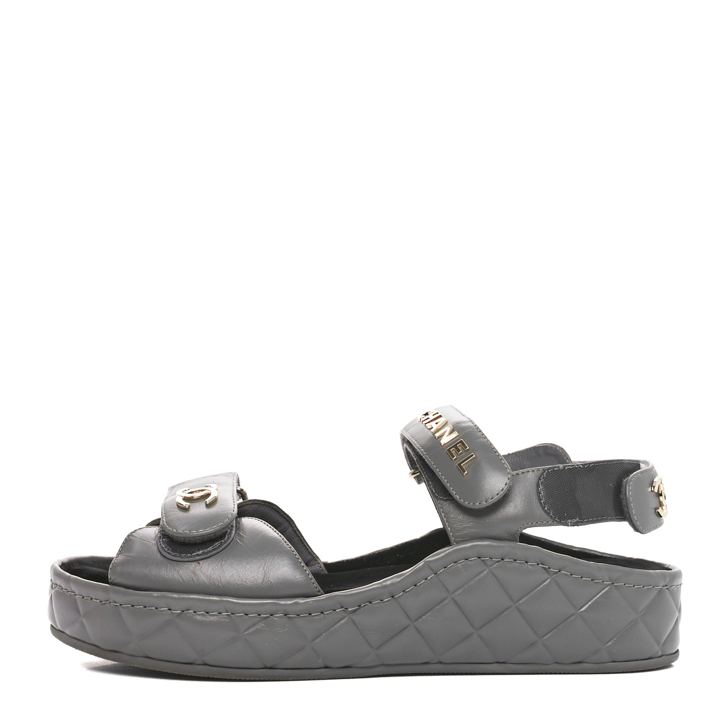 CHANEL Shiny Calfskin Logo Platform Sandals 38 Grey 1687845