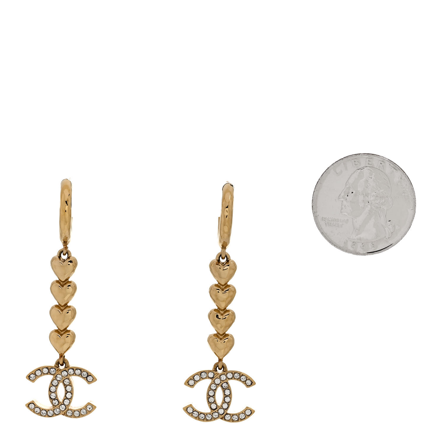 CHANEL Metal Crystal CC Heart Hoop Long Drop Earrings Gold