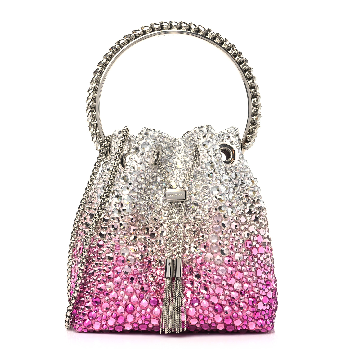 JIMMY CHOO Satin Hotfix Crystal Embellished Bon Bon Bucket