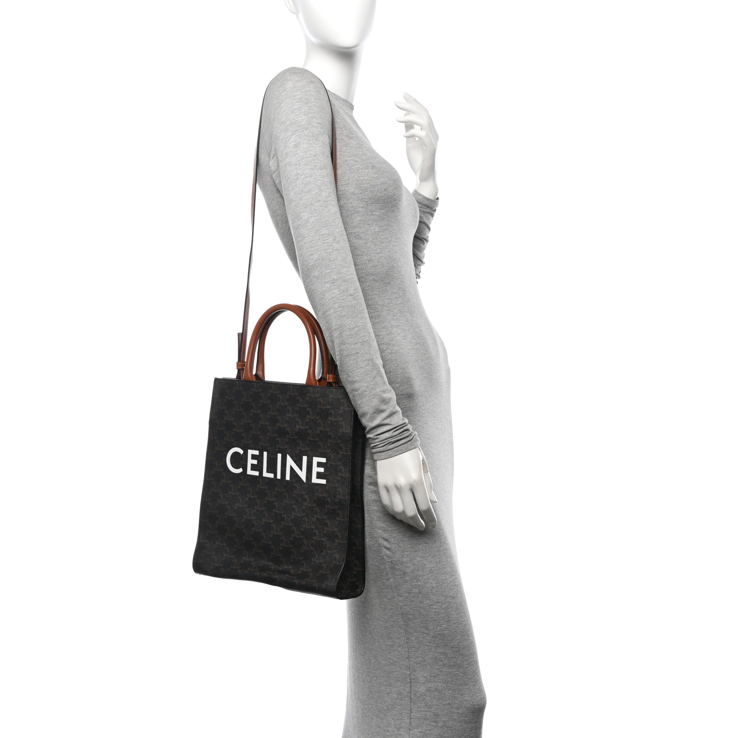 CELINE Triomphe Canvas Calfskin Small Vertical Cabas Tan