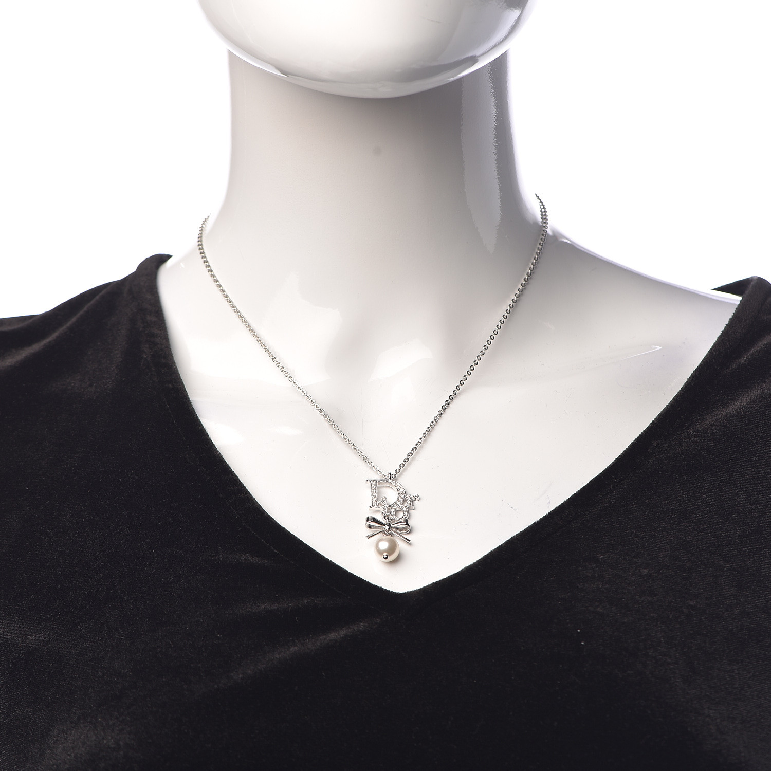 CHRISTIAN DIOR Crystal Pearl Dior Logo Necklace Silver