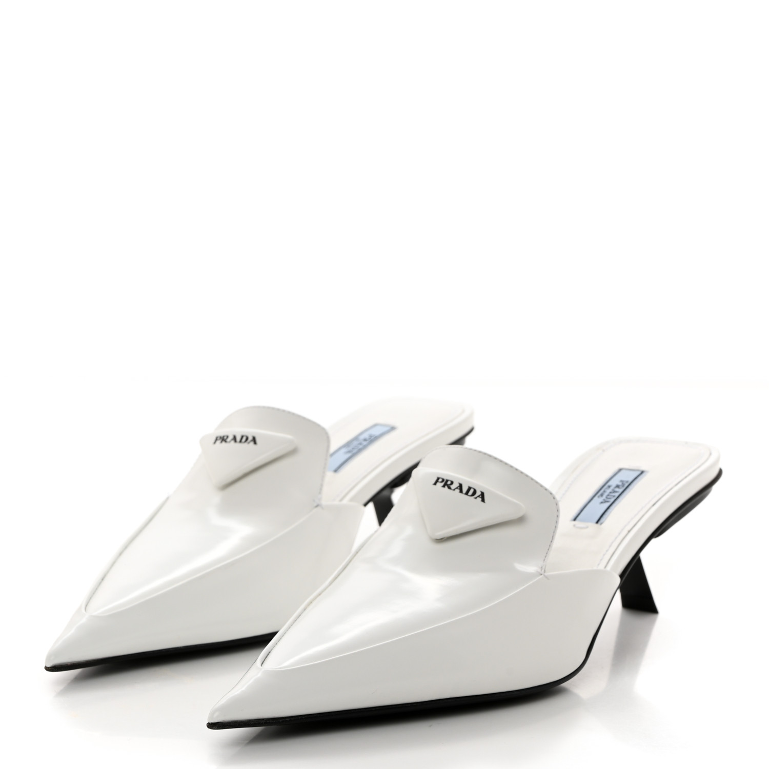PRADA Spazzolato Triangle Logo Pointed Toe 55mm Mules 37.5
