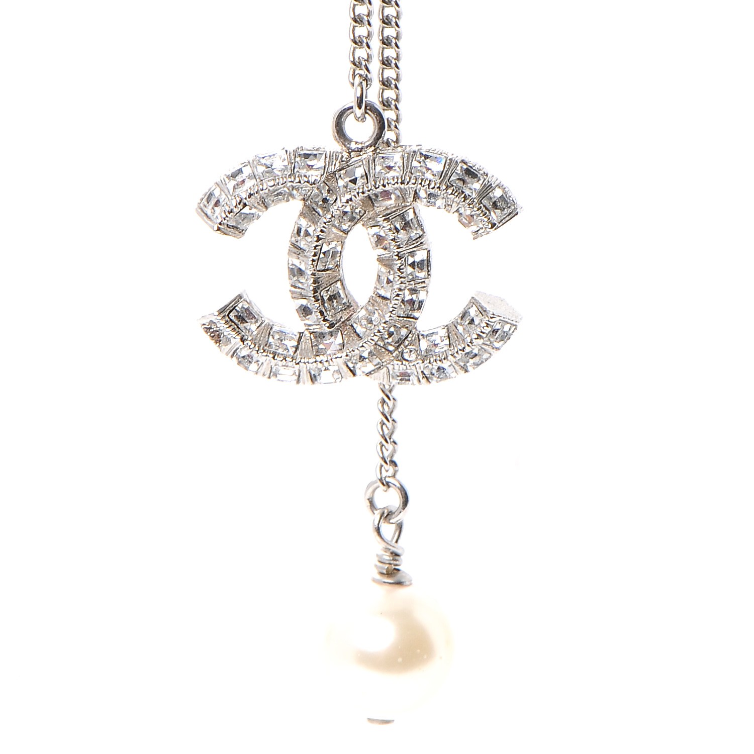 CHANEL Baguette Crystal Pearl CC Lariat Necklace Silver