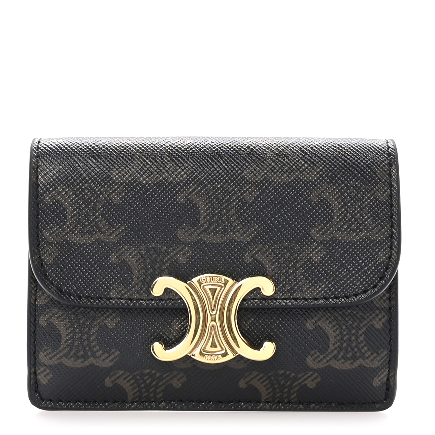 CELINE Triomphe Canvas Calfskin Flap Card Holder Tan 1537607