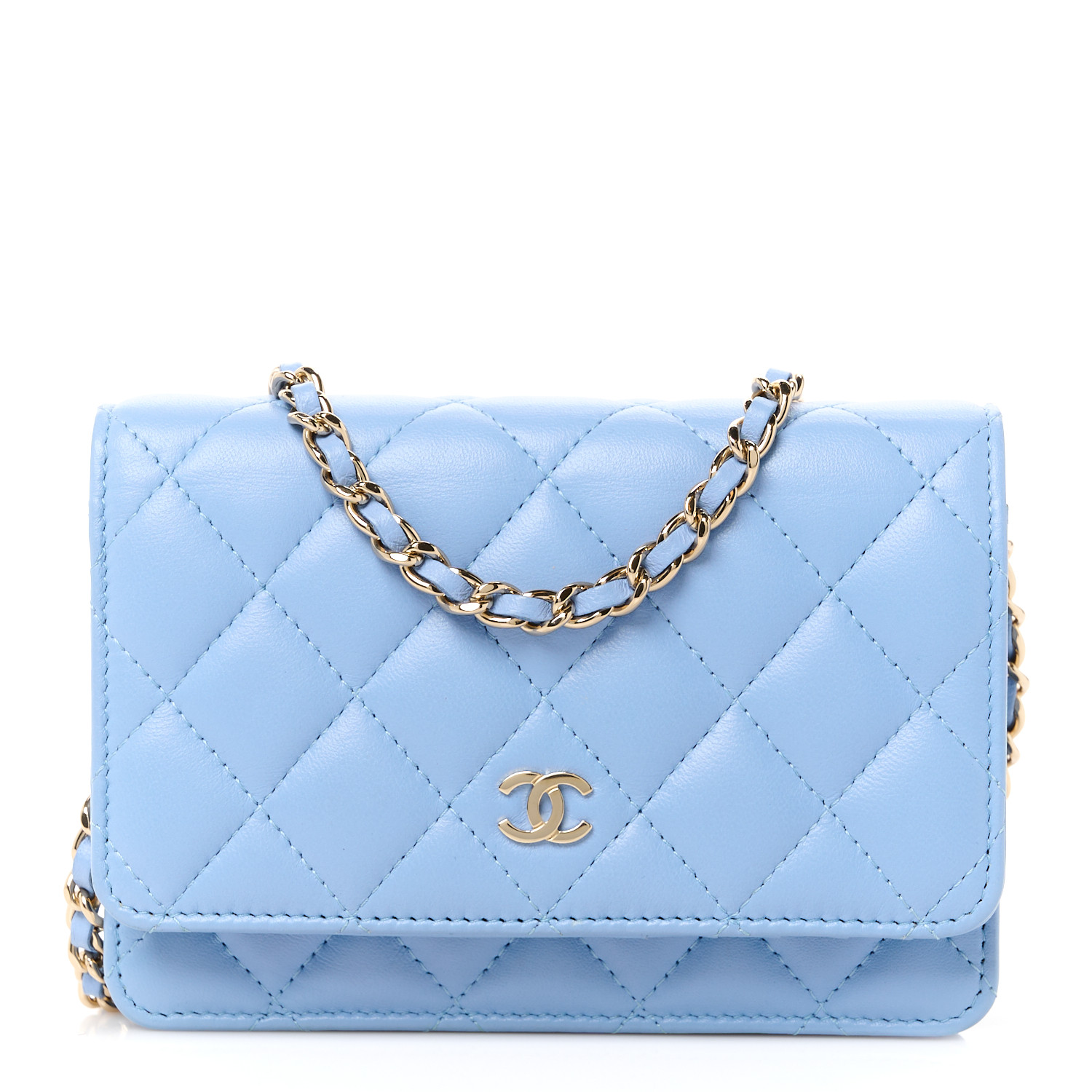 CHANEL Lambskin Quilted Mini Wallet On Chain WOC Light Blue