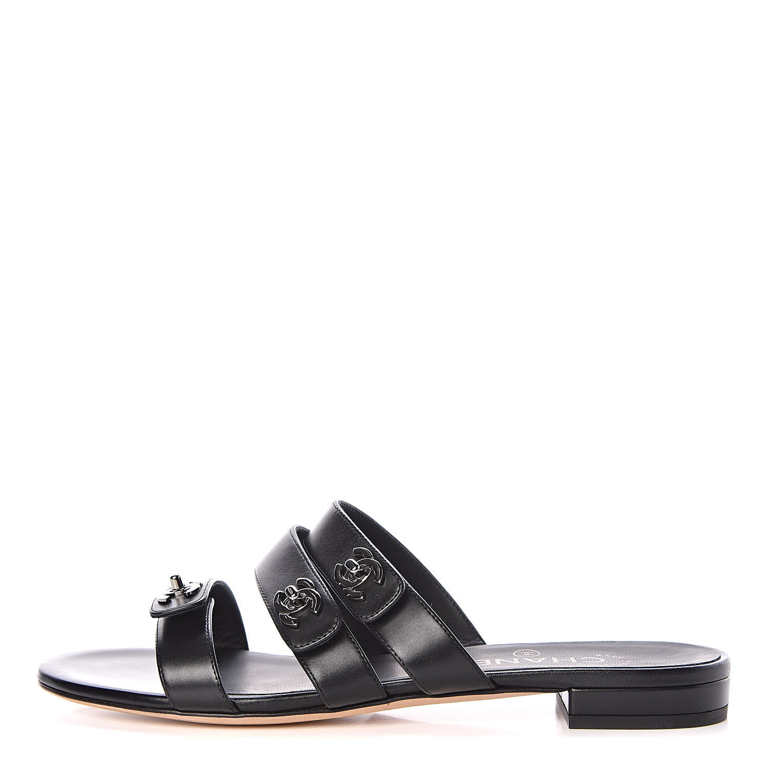 CHANEL Calfskin CC Turnlock Mule Sandals 38 Black 420254