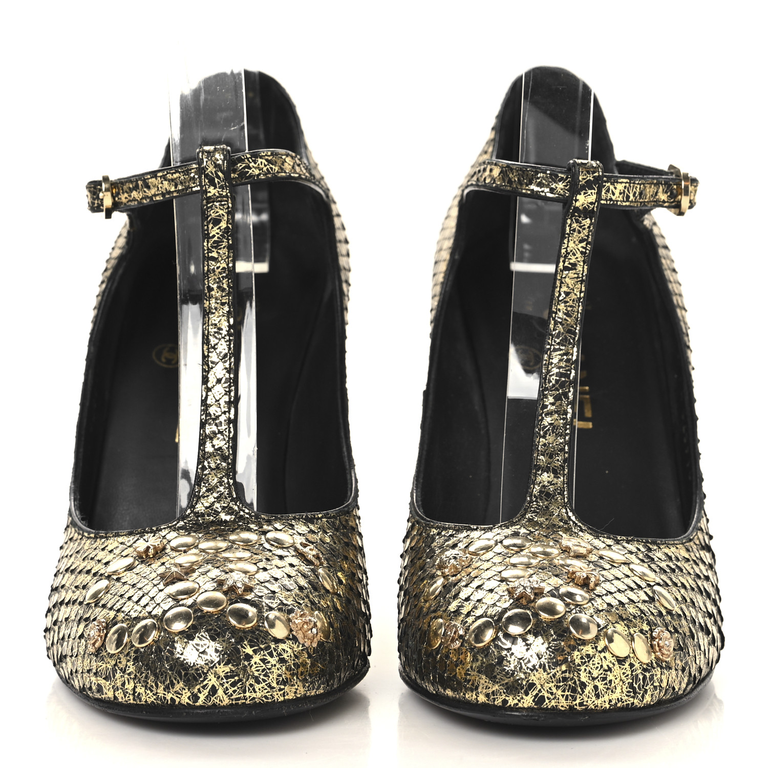 CHANEL Metallic Snakeskin Studded CC T-Strap Wedges 37 Gold