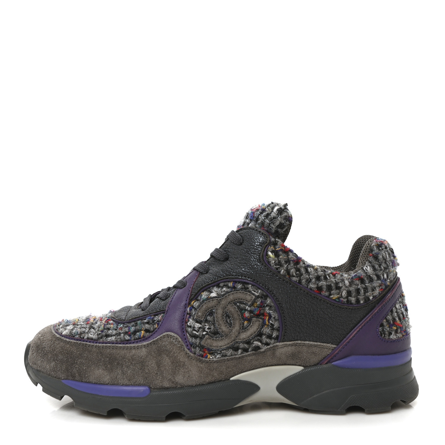 CHANEL Suede Tweed Goatskin CC Sneakers 40 Grey Purple