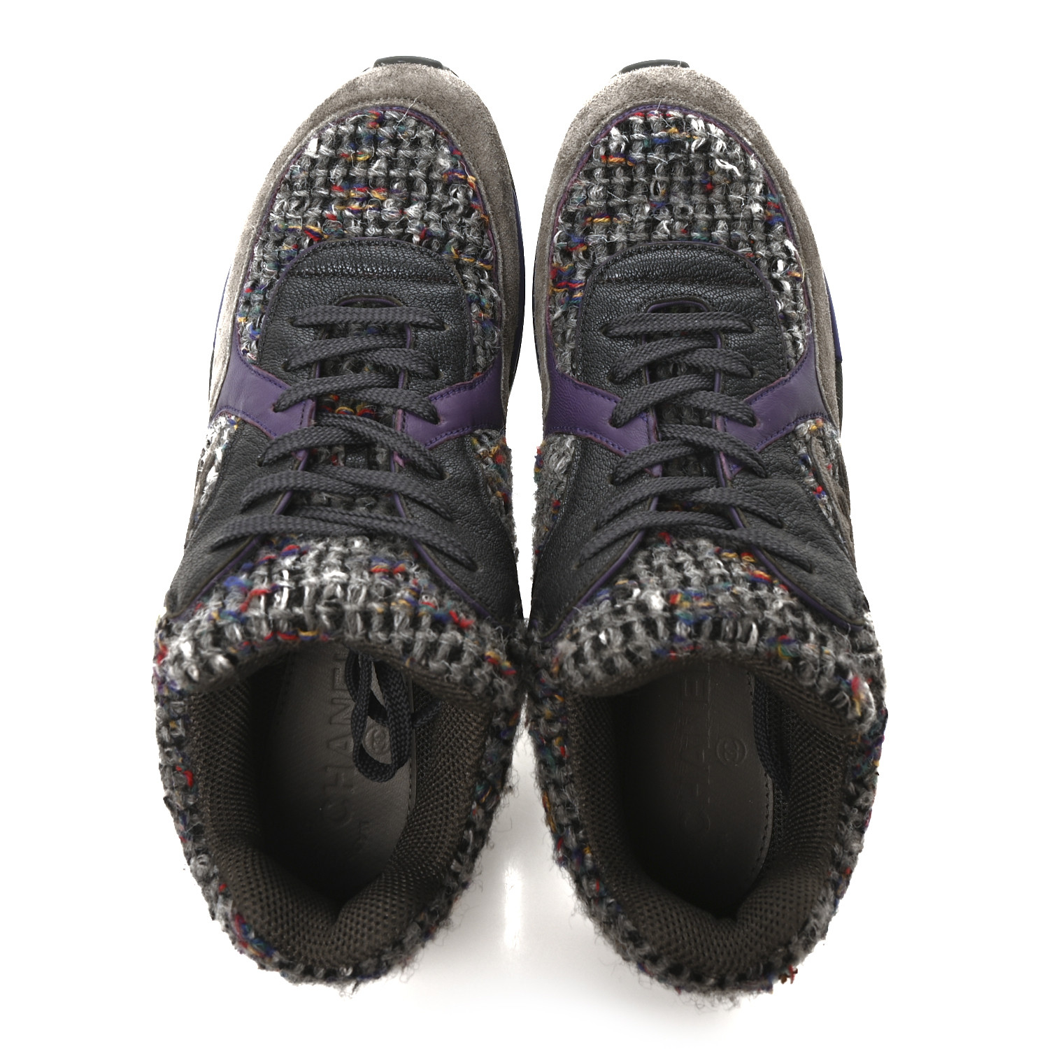 CHANEL Suede Tweed Goatskin CC Sneakers 40 Grey Purple