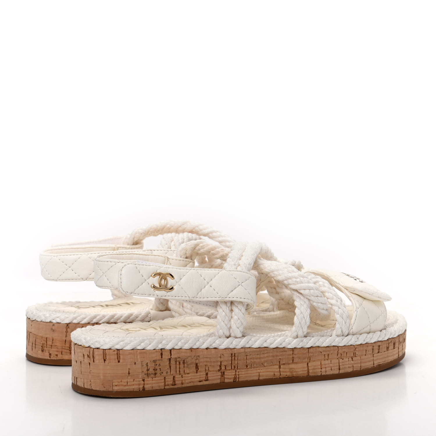 CHANEL Cord Lambskin Quilted Logo Sandals 36 White 741627