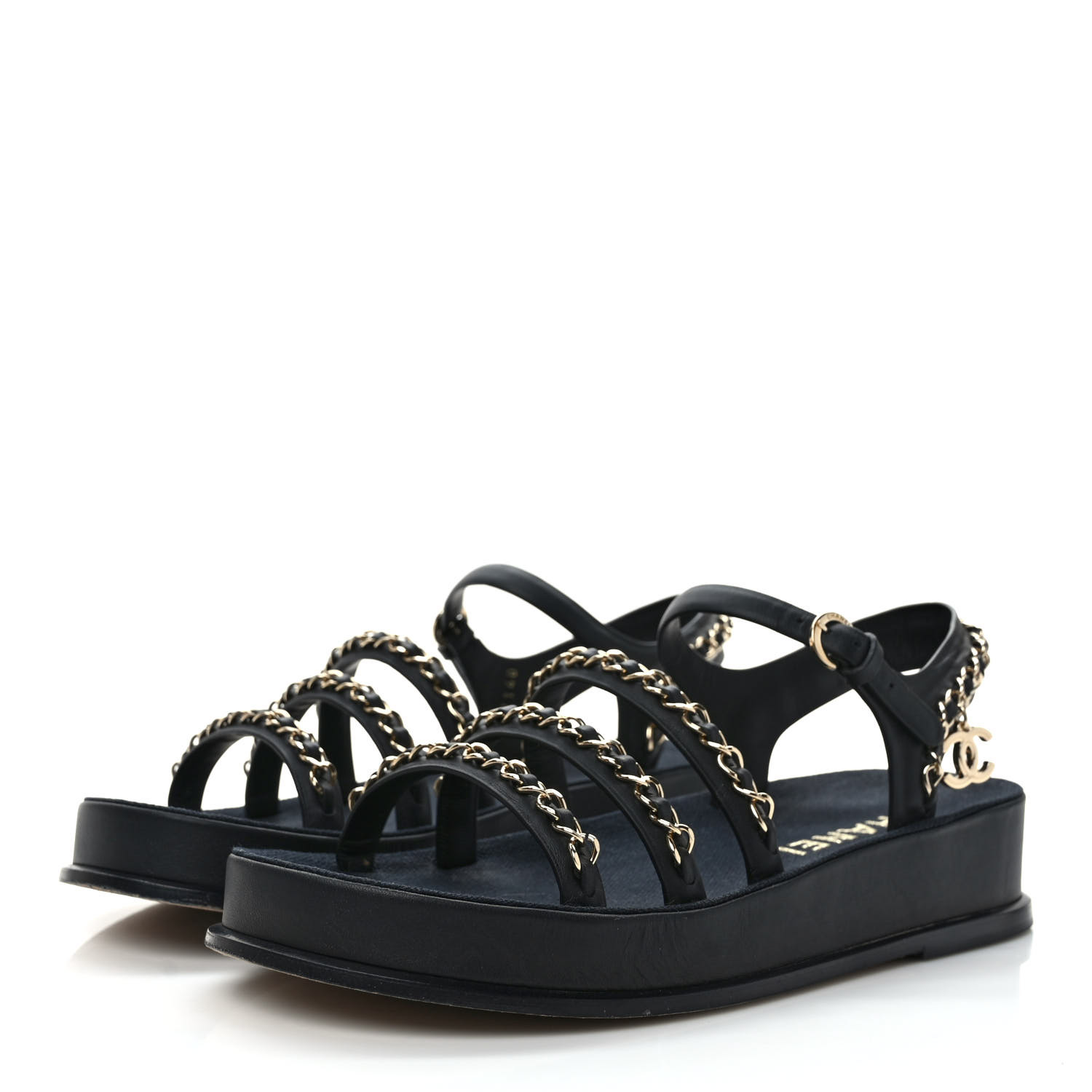CHANEL Calfskin Chain Platform Sandals 37 Black 1326092