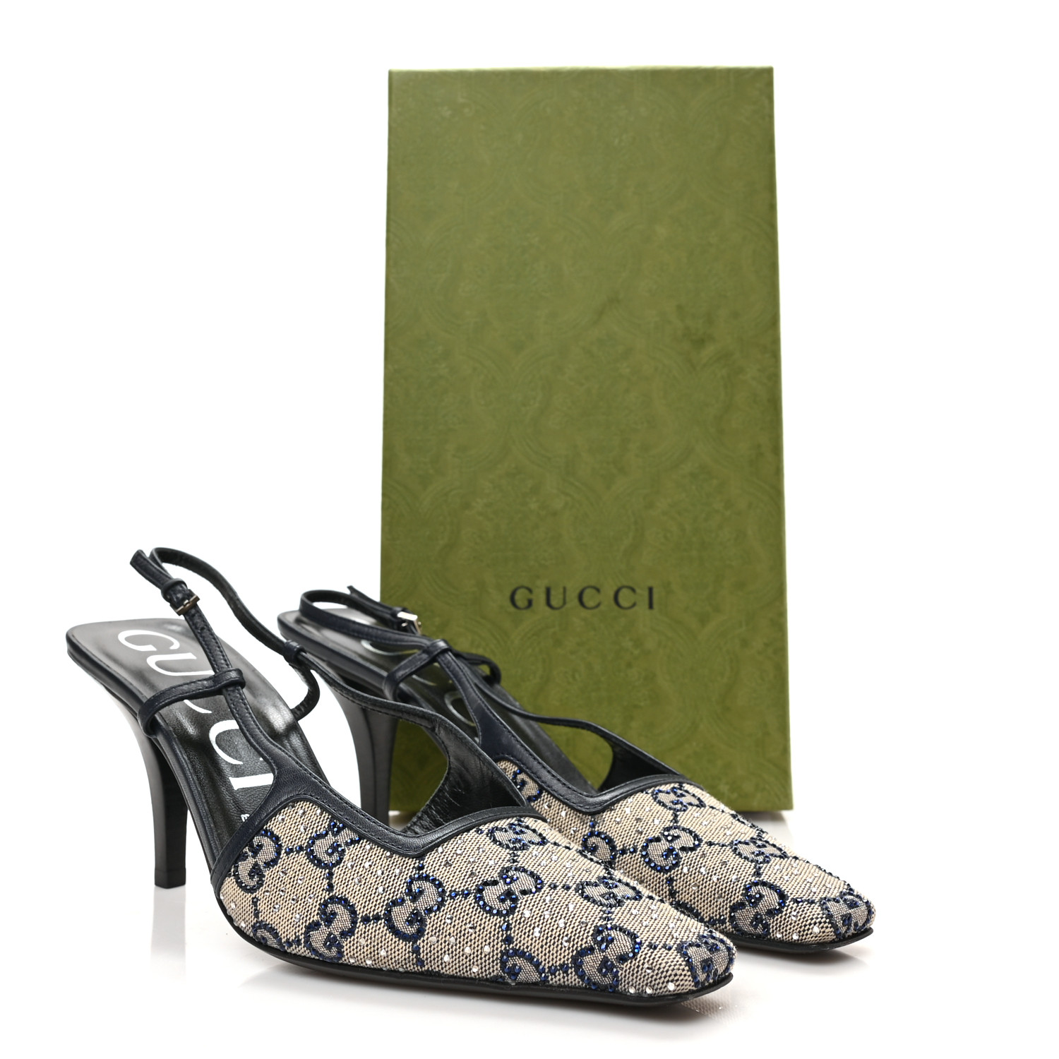 GUCCI GG Monogram Malaga Kid Crystal Square G 75mm Slingback