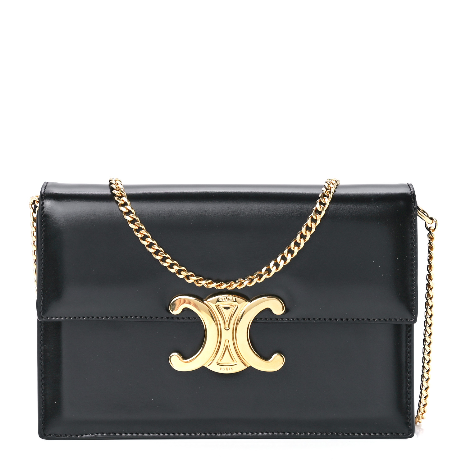 CELINE Shiny Calfskin Triomphe Soir Clutch Black 1328845
