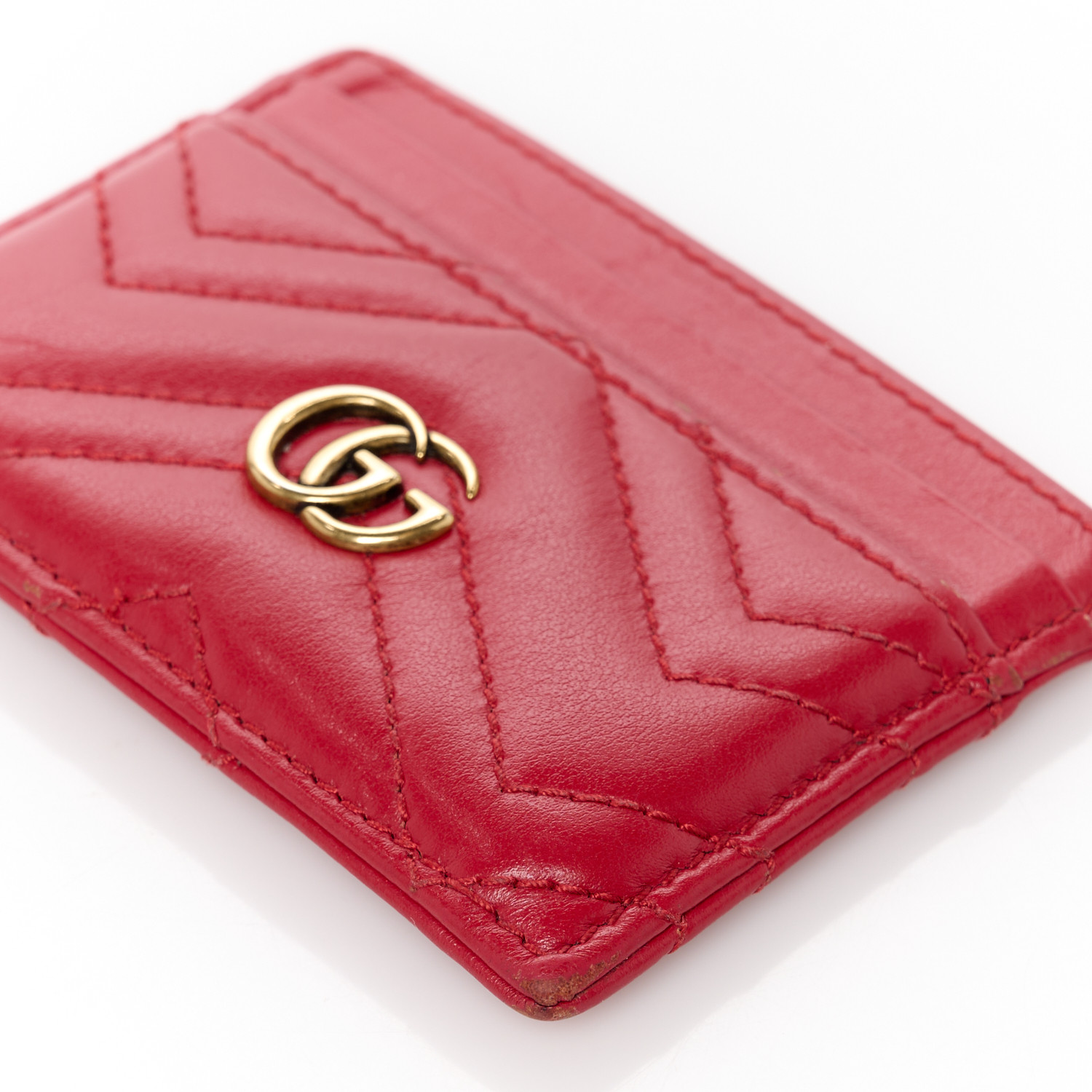 ★Gucci GG Marmont Card Case Red★ GUCCI Calfskin Matelasse GG Marmont Card Holder Hibiscus Red